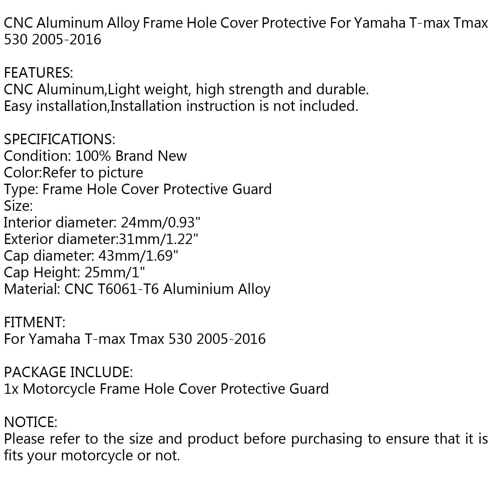 Cubierta protectora para orificio de marco de motocicleta CNC para Yamaha t-max Tmax 530 2005-2016 genérico