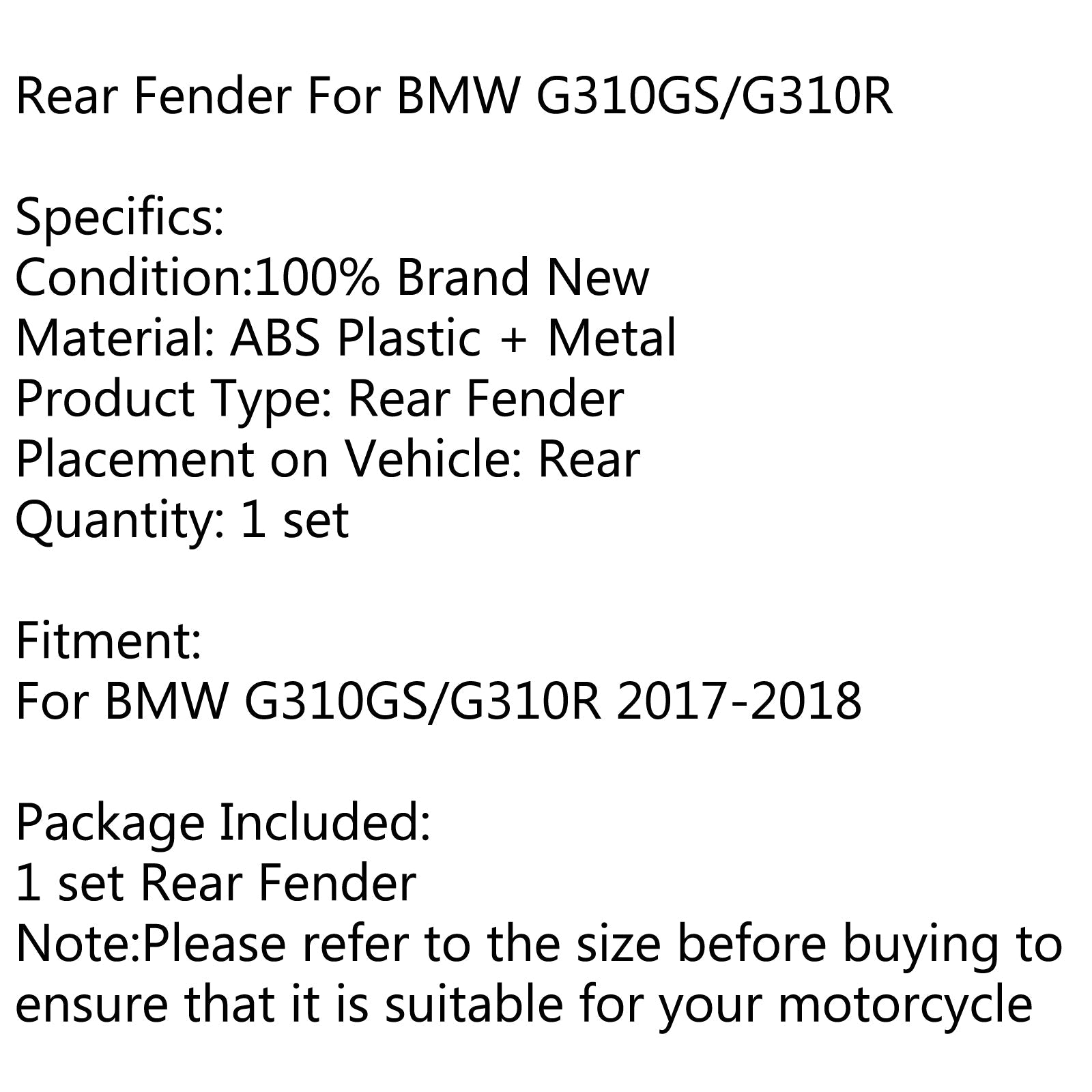 Black Rear Fender Mudguard Wheel Hugger Splash Guard For BMW G310/R 2017-2018 Generic