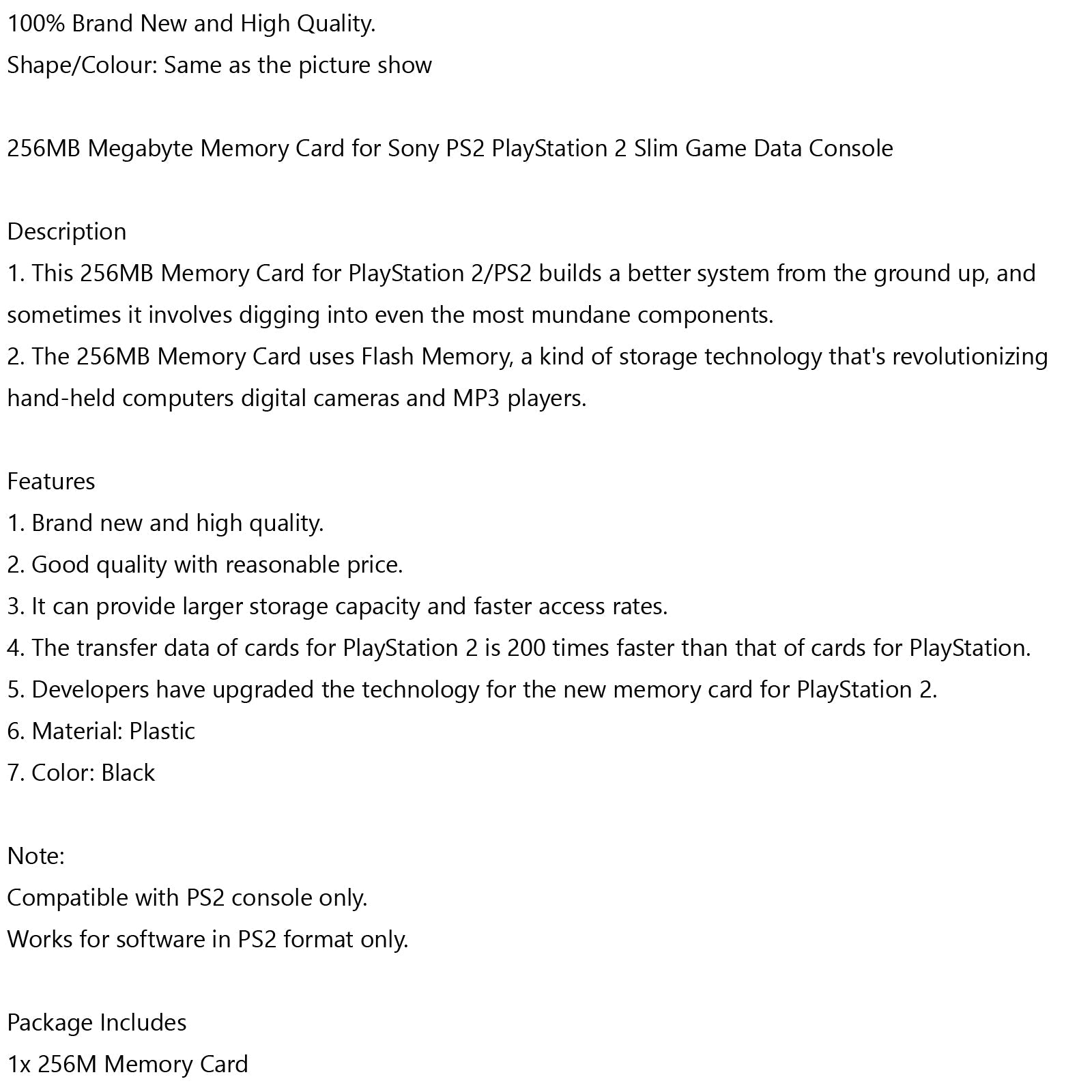 Memory Card for Sony 256MB Megabyte PS2 Slim Game Data Console