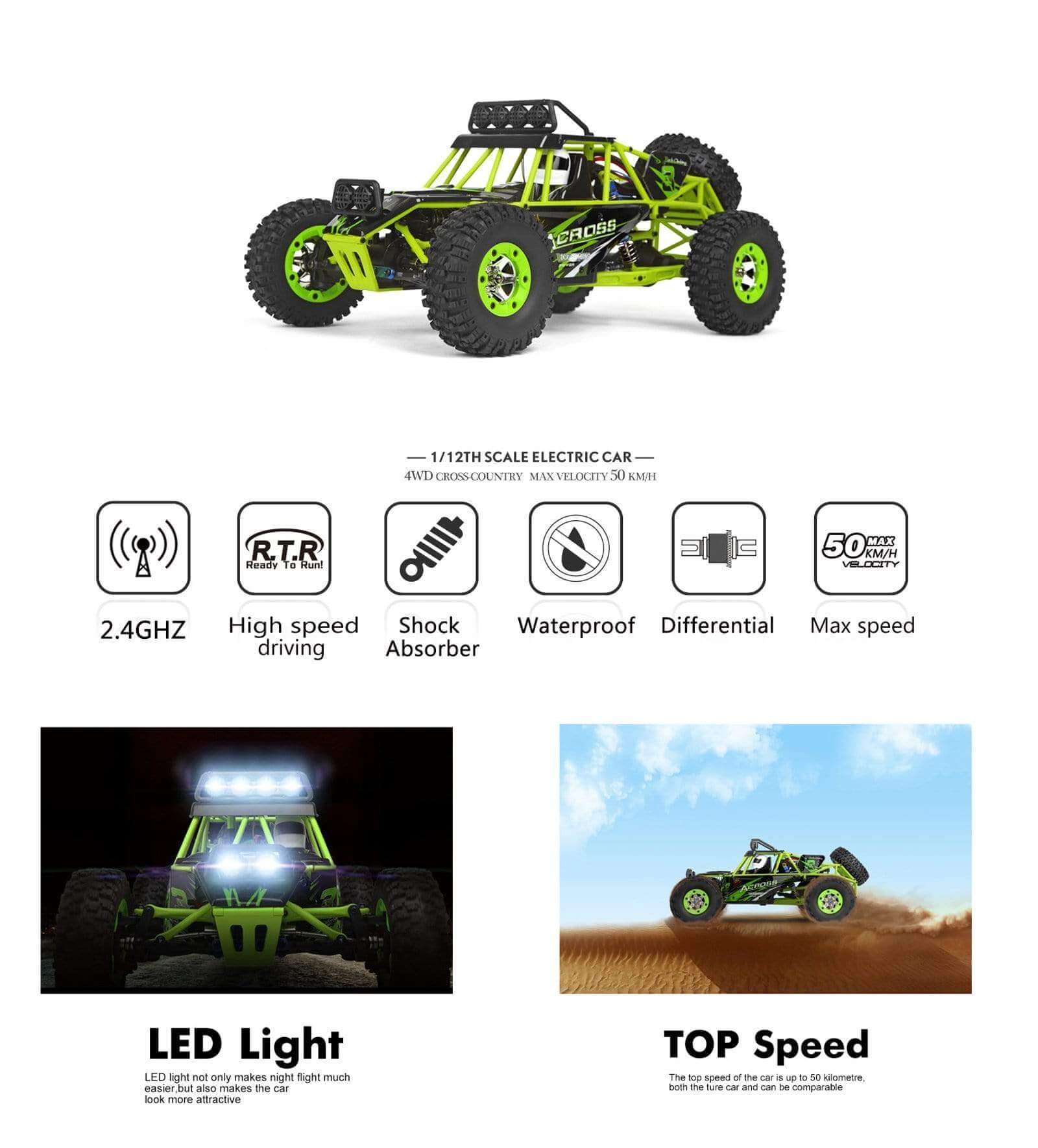 RC Car Electric Brushed Crawler RTR Auto Gift Wltoys 12427 1/12 Scale 2.4G 4WD Green