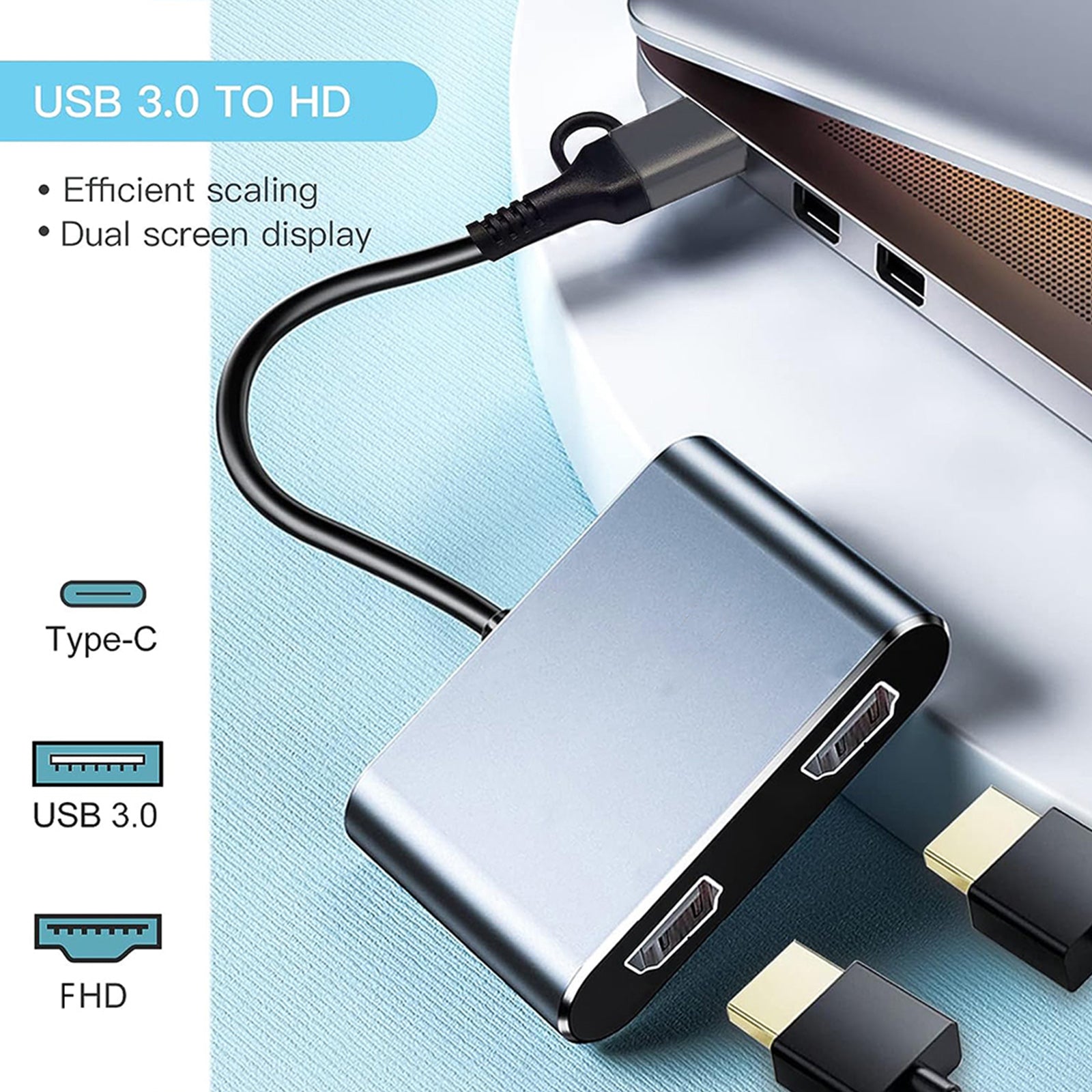 USB3.0Type-C to dual 1080P HD converter notebook to dual port HDTV same screen display extension