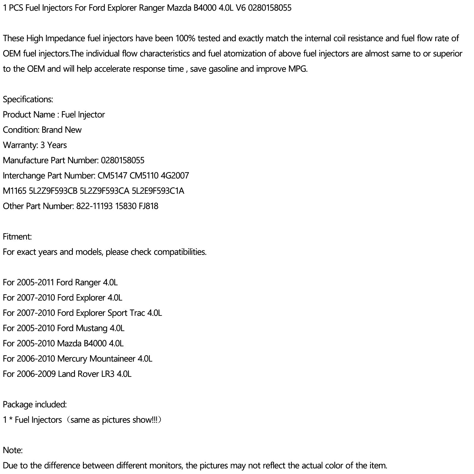 CM5110 M1165 4G2007 822-11193 5L2E9F593C1A 5L2Z9F593CA CM5147 5L2Z9F593CB FJ818 1PCS 연료 분사기 Ford Explorer Ranger Mazda B4000 4.0L V6 0280158055 15830 제네릭에 적합