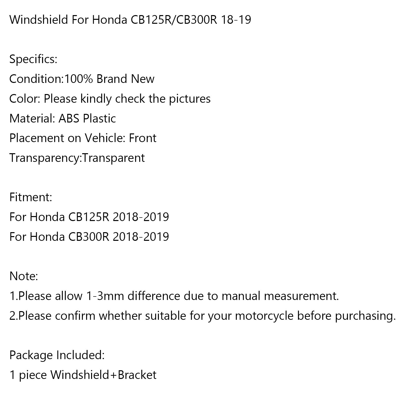 ABS Plastic Motorcycle Windshield Windscreen for Honda CB125R CB300R 2018-2019 Generic