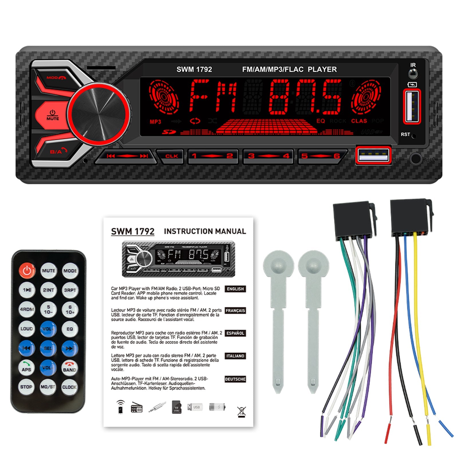 Reproductor MP3 para coche con tarjeta USB y música colorida, Radio de un solo husillo con Bluetooth dual