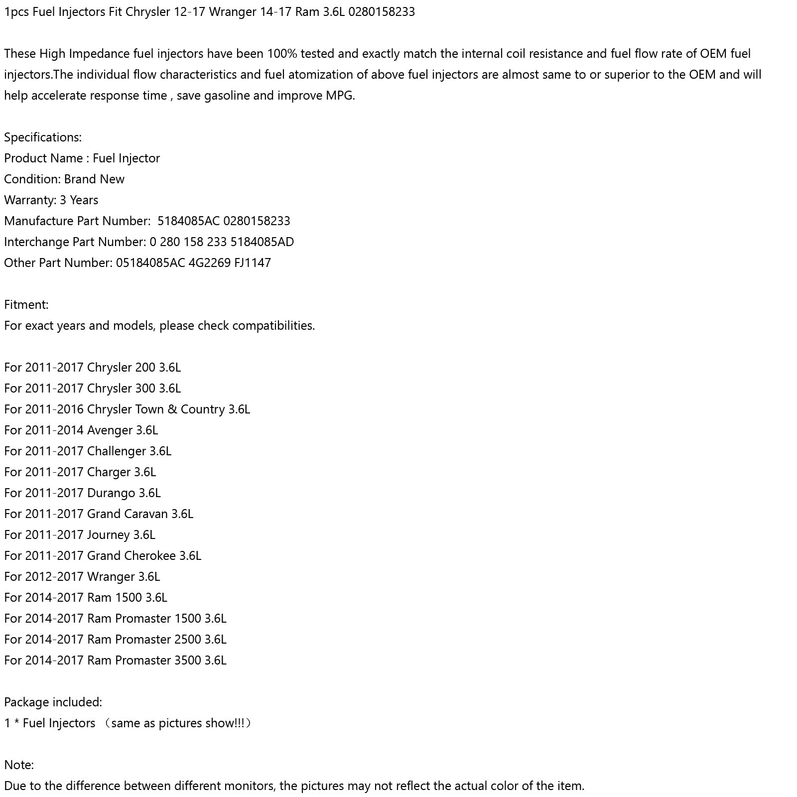 1pcs Fuel Injectors Fit Chrysler 12-17 Wranger 14-17 Ram 3.6L 0280158233 Generic
