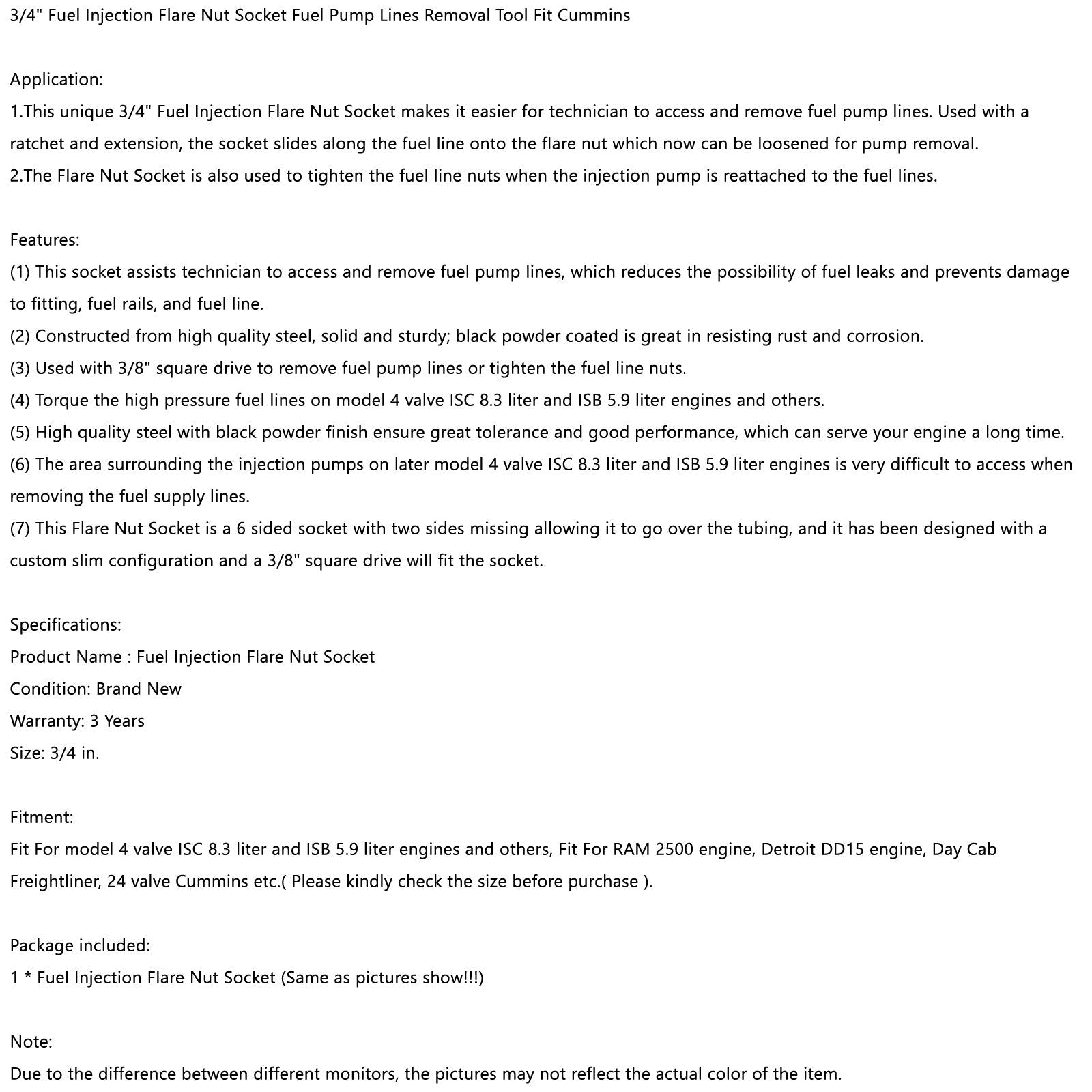 3/4인치 연료 분사 플레어 너트 소켓 연료 펌프 라인 제거 도구 Cummins 일반용