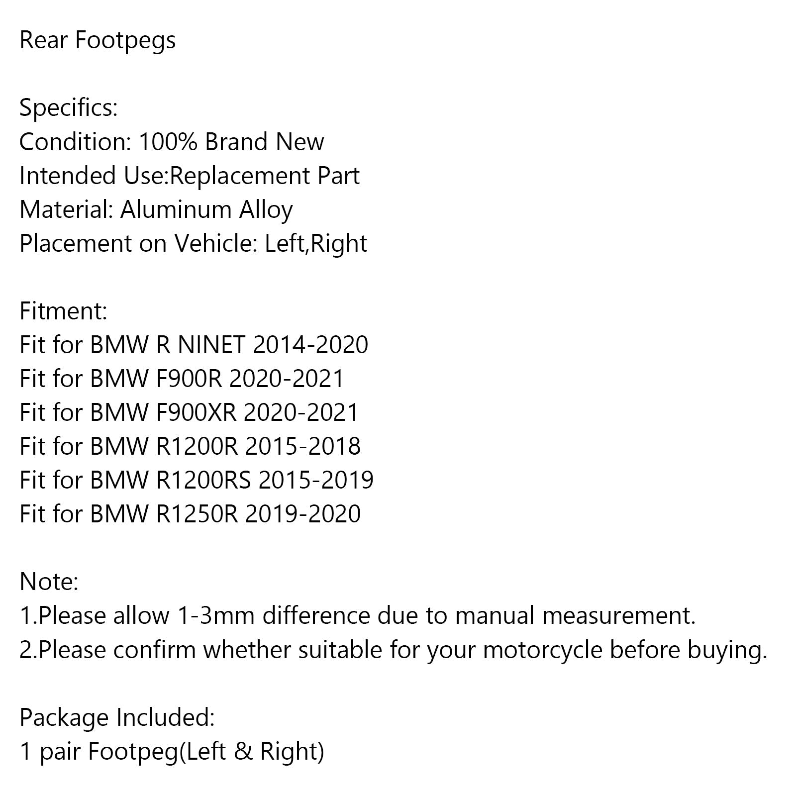 Rear Footrests Foot Peg for BMW R NINET F900R F900XR R1200R R1200RS R1250R Generic