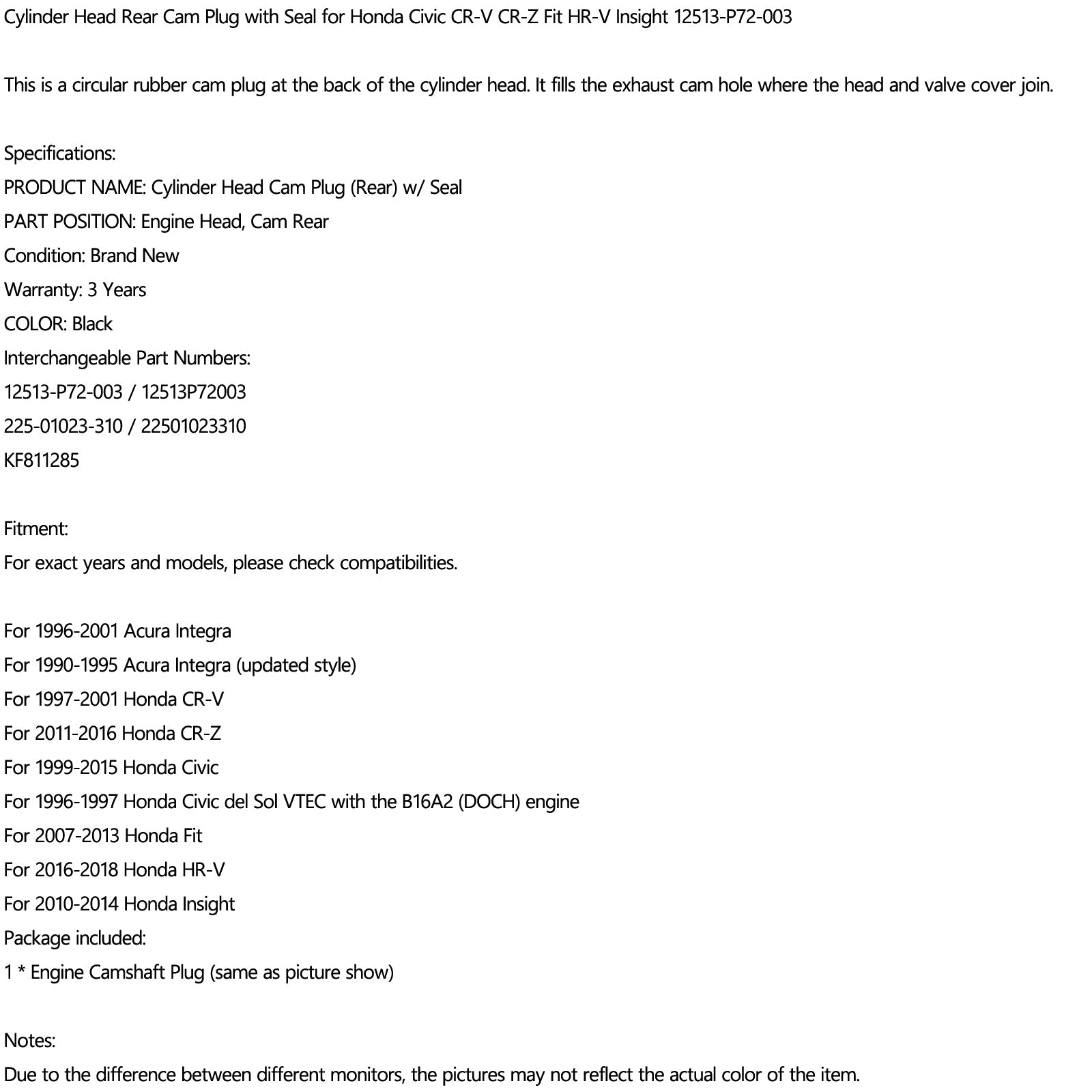 Honda Civic CR-V CR-Z HR-V Insight 제네릭용 실린더 헤드 리어 캠 플러그(씰 포함)