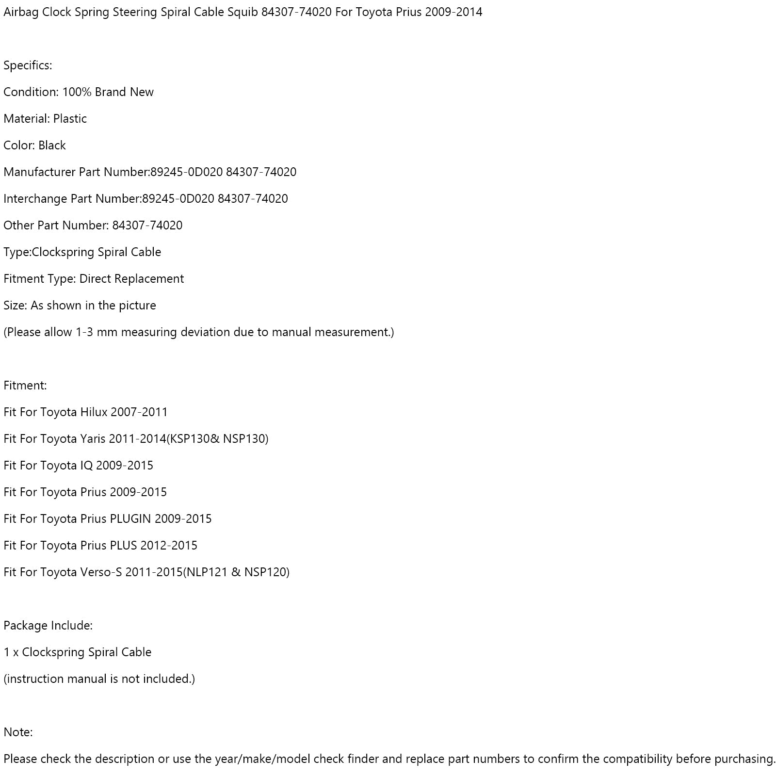 2011-2014 Toyota Yaris (KSP130& NSP130) Airbag Clock Spring Spiral Cable Squib 84307-74020