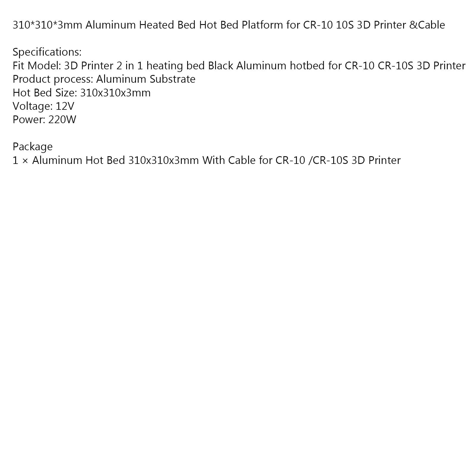 310x310x3mm Impresora 3D Cama de calor de aluminio de 12V con cable para Creality CR10 CR10S