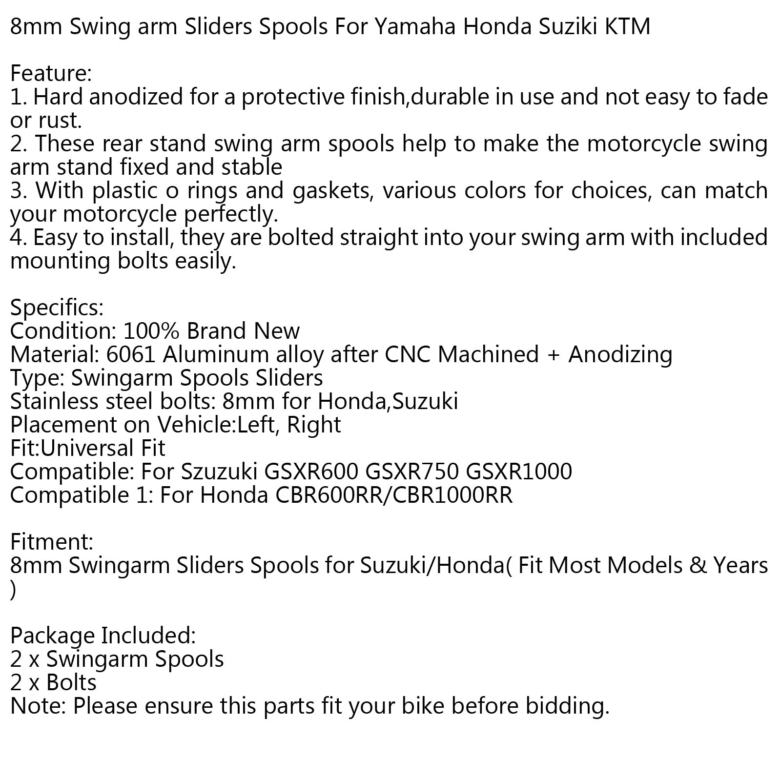 1Pair 8mm Moto CNC Swingarm Swing Arm Spools Spool Sliders For Suzuki Honda