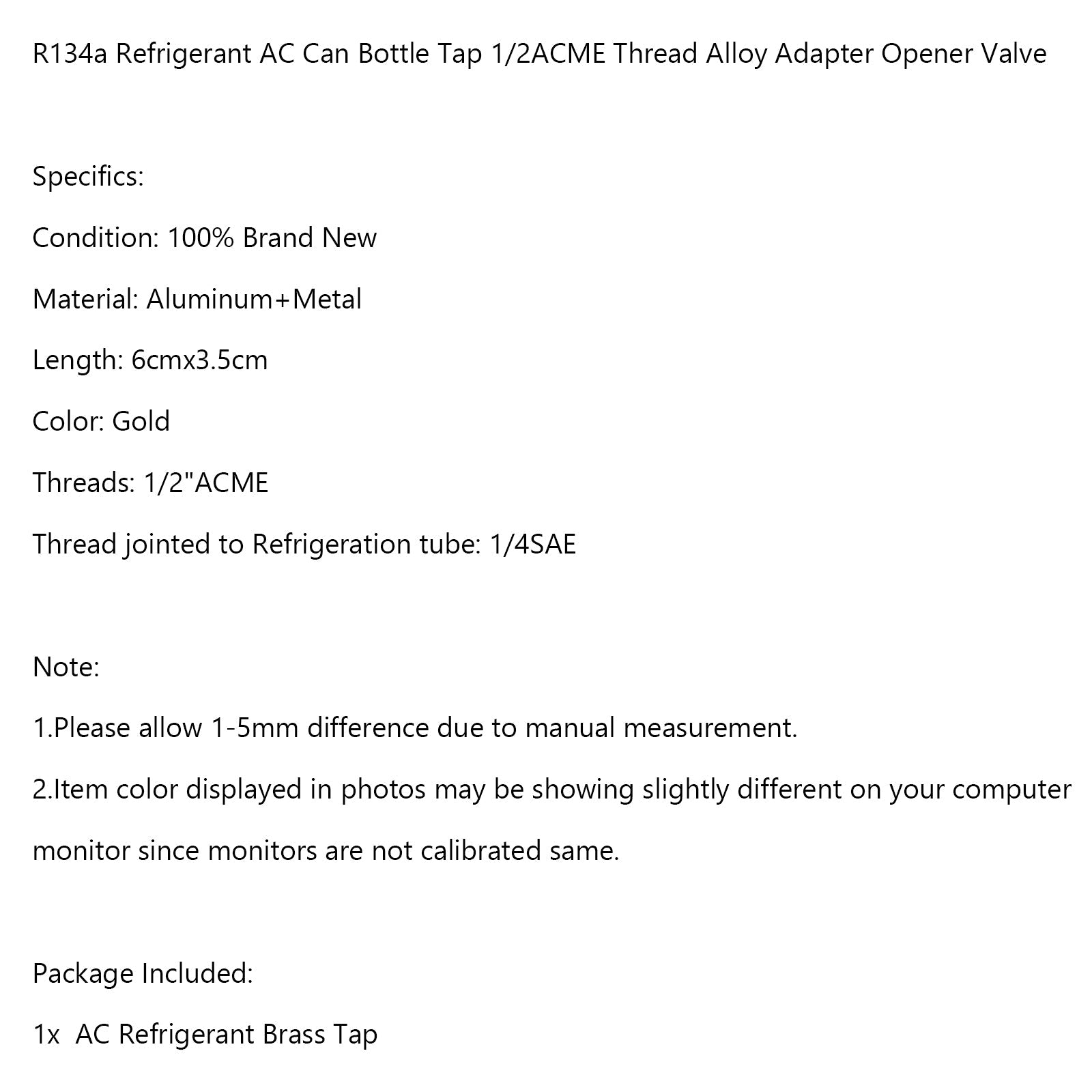 R134a 냉매 AC 캔 병 탭 1/2ACME 나사 합금 어댑터 오프너 밸브