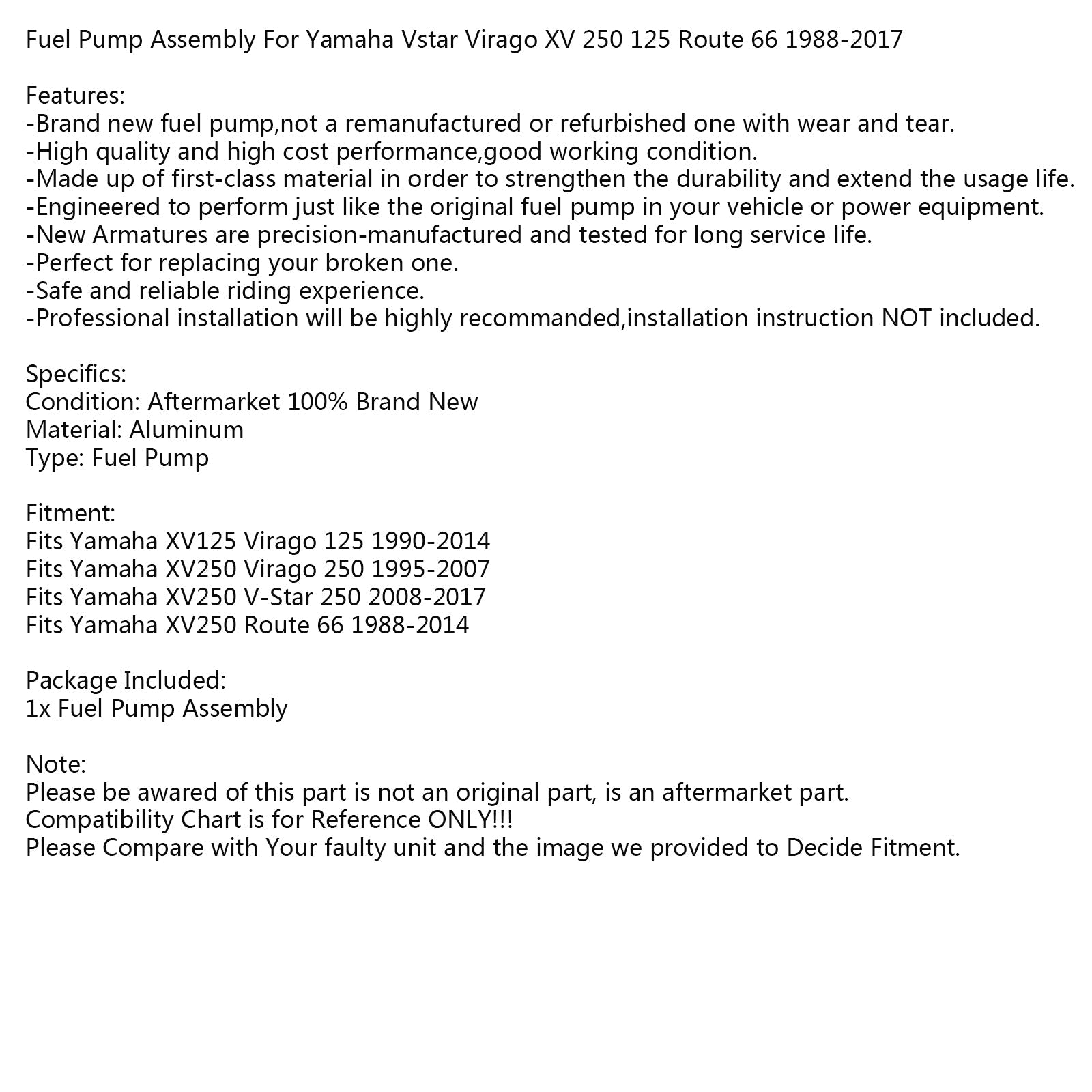 Bomba de combustible para Yamaha Virgo XV 125 S 240 250 V Star / Route 66 XV250 97-18 genérico