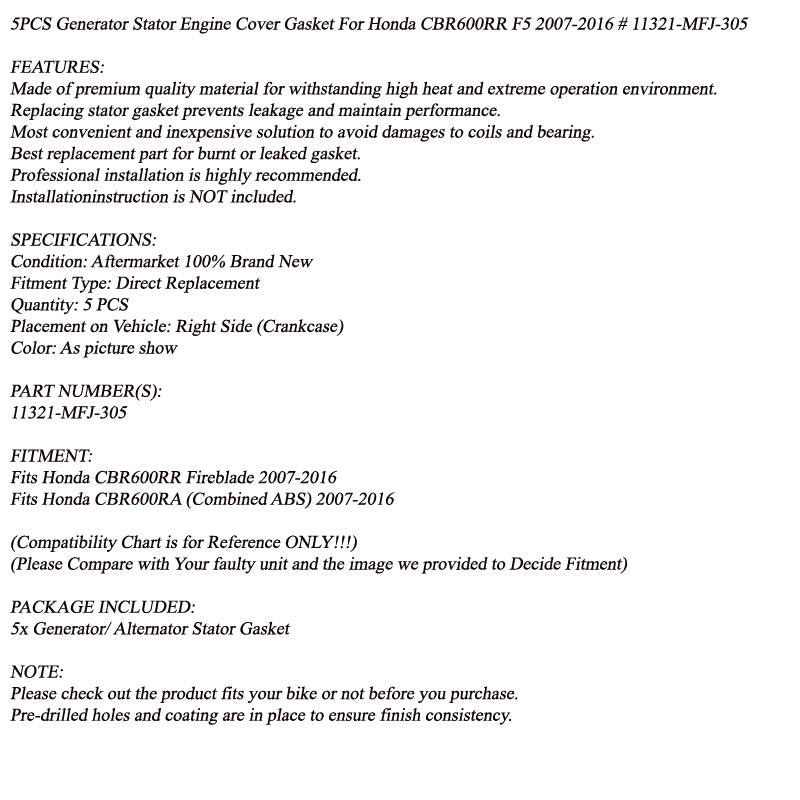 5PCS STATOR GASKET CRANKCASE for Honda CBR600RR CBR600RA 2006-2017 11321-MFJ-305 Generic