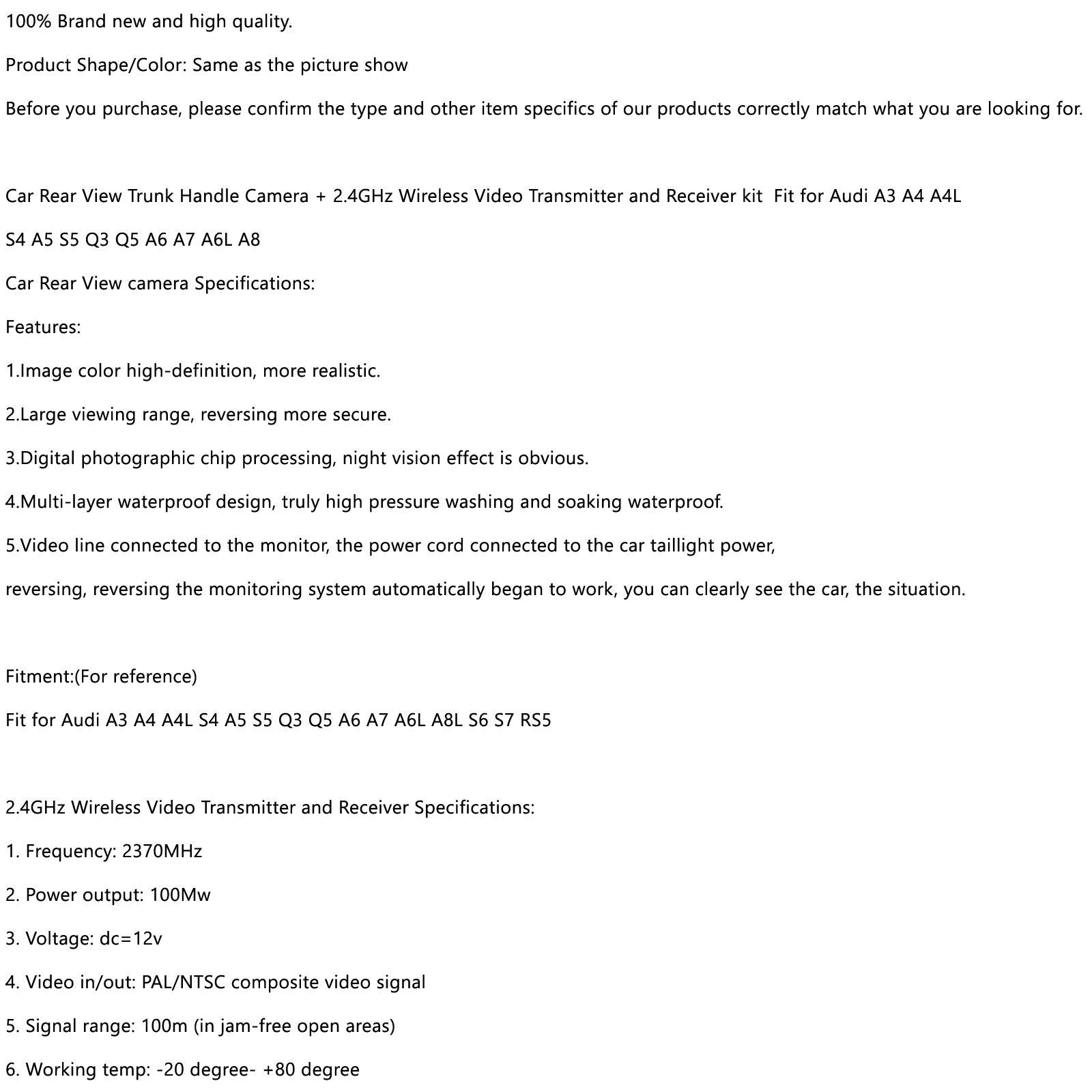 Wireless Car Rear View Handle Camera Fit for A3 A4 A4L S4 A5 S5 Q3 Q5 A6 A7 A8