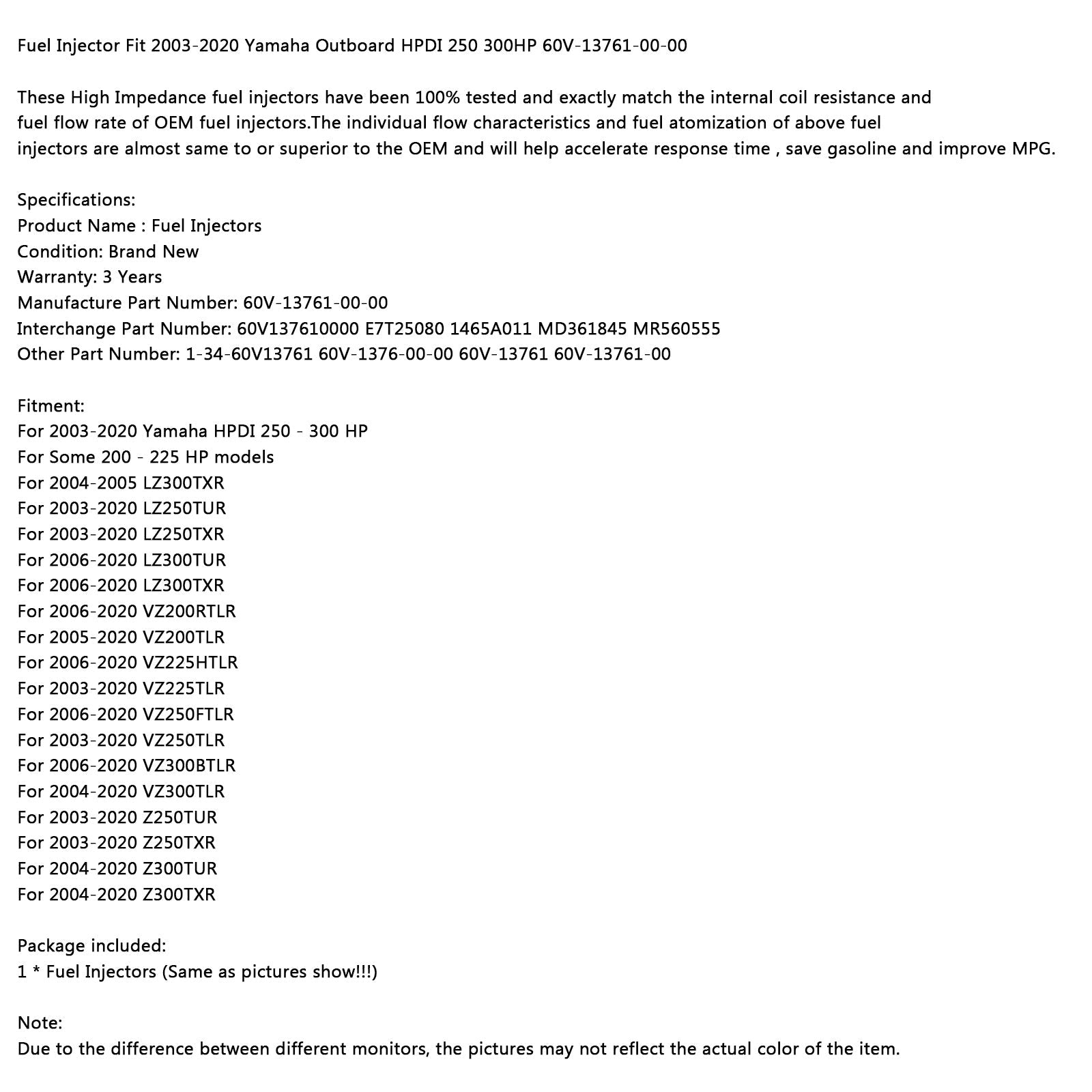 1Pcs Fuel Injector Fit 2003-2020 Yamaha Outboard HPDI 250 300HP 60V-13761-00-00 Generic