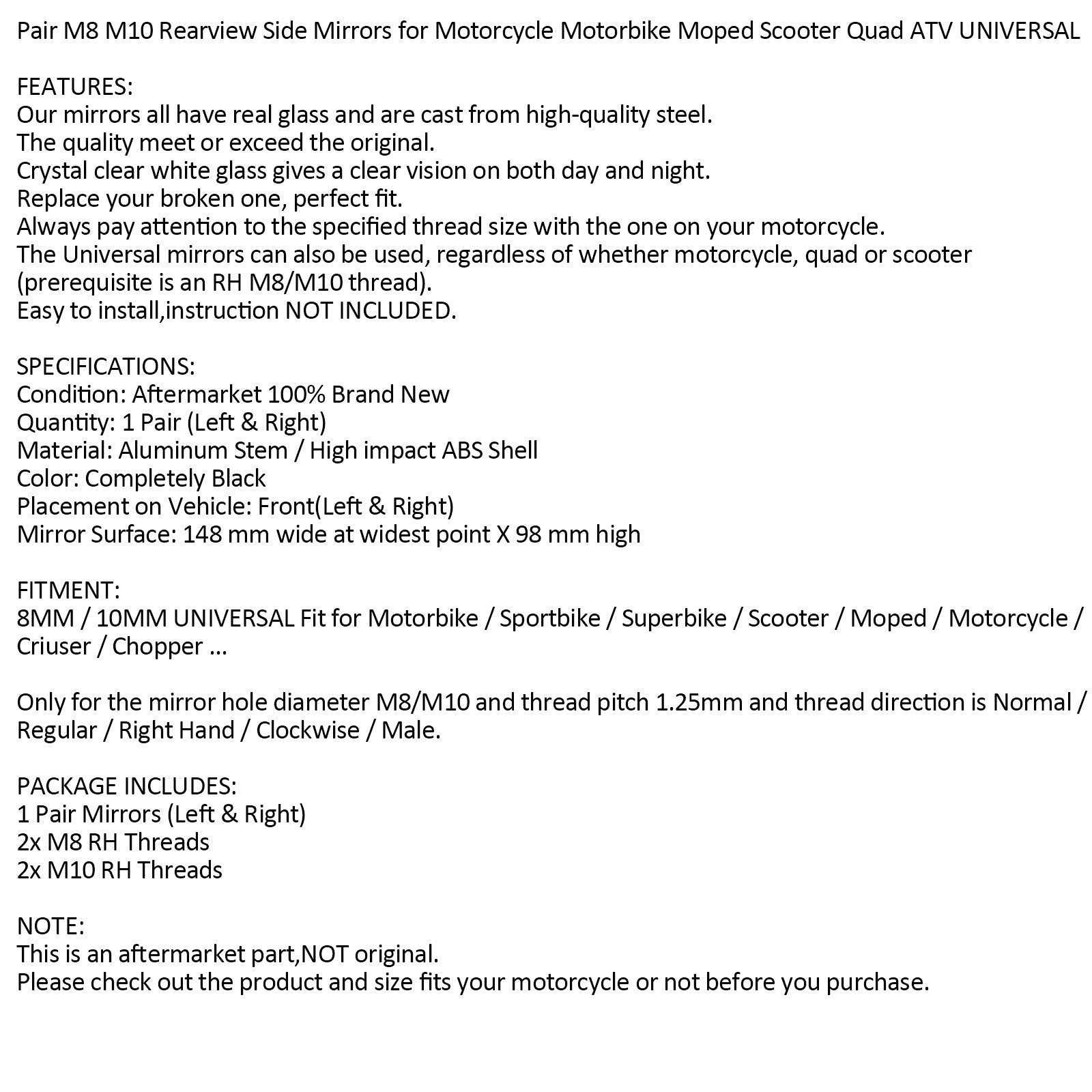 쌍 거울 새 검정색 좌우 거울 8mm 10mm 오토바이용 일반