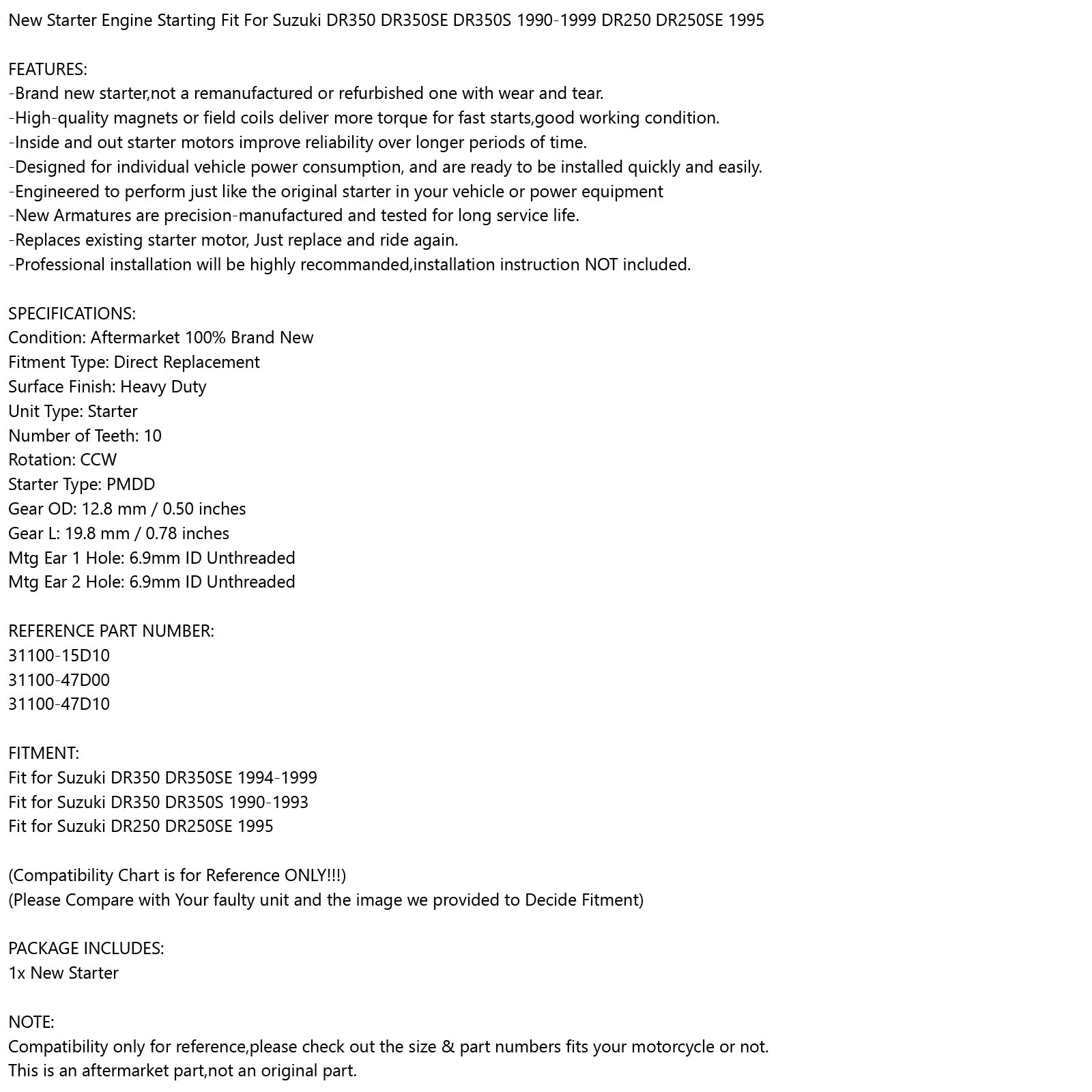 스즈키 DR 250 SE 1995 DR 350 S/SE 1990-1999 일반용 스타터 모터 시동 장치