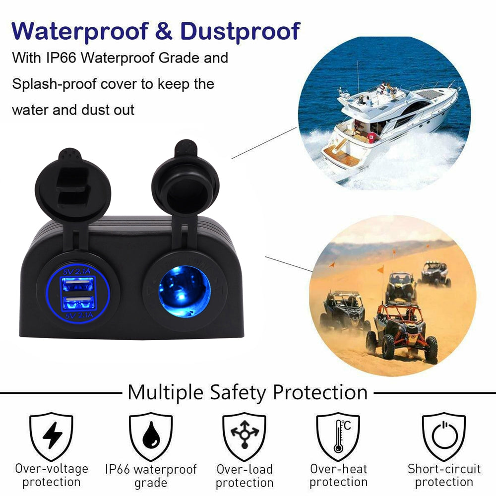 2 In 1 Charger + 12V/24V Cigarette Lighter 2 Hole Panel Fit for Boat Car