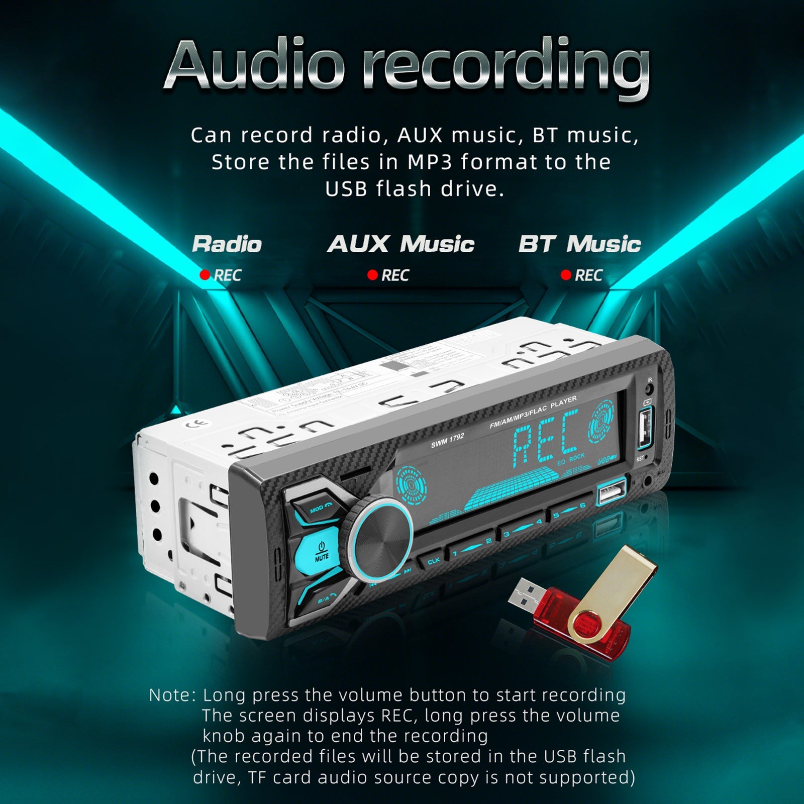 Reproductor MP3 para coche con tarjeta USB y música colorida, Radio de un solo husillo con Bluetooth dual