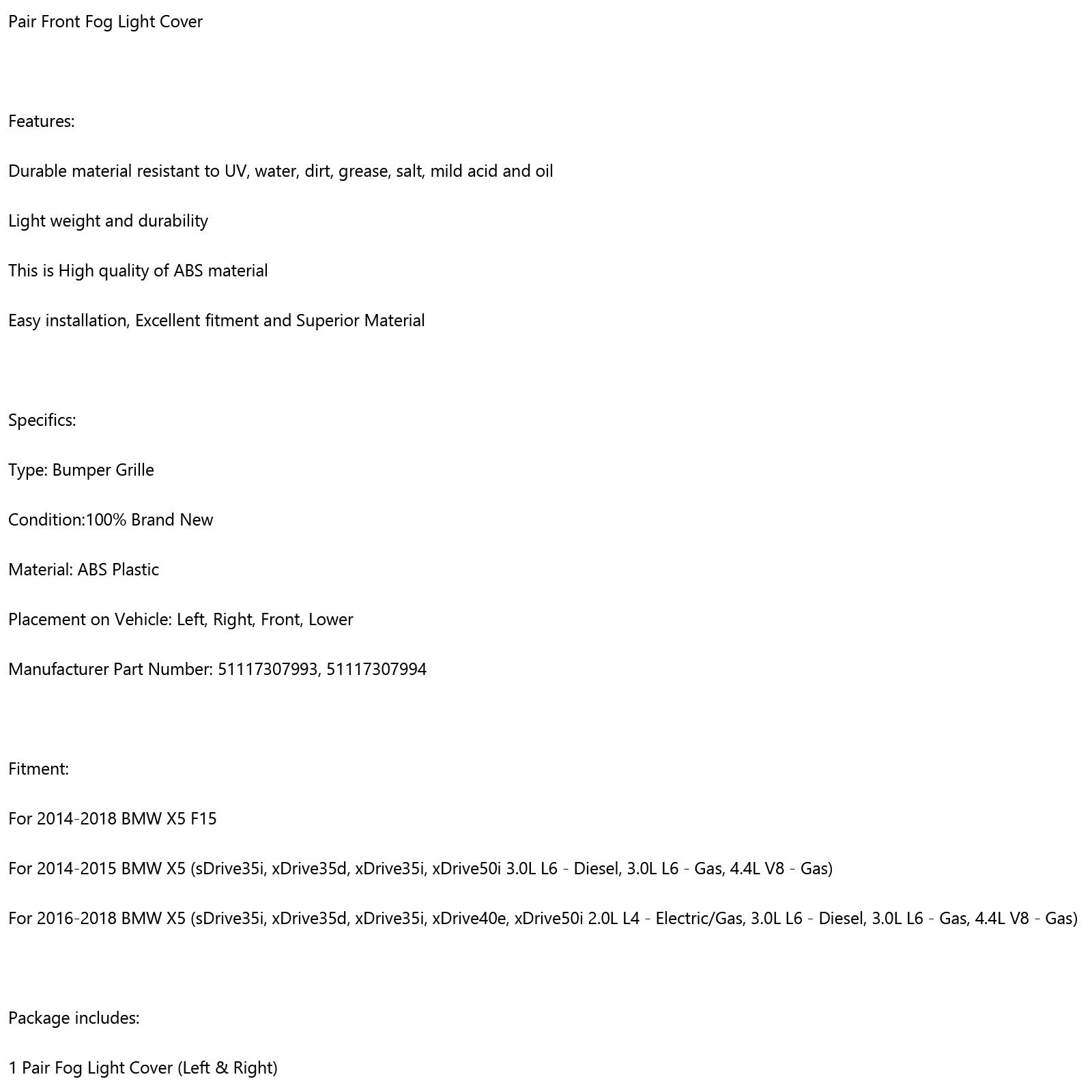 Front Bumper Lower Left & Right Mesh Grille Grill Fit 2014-2018 BMW X5 F15 Generic