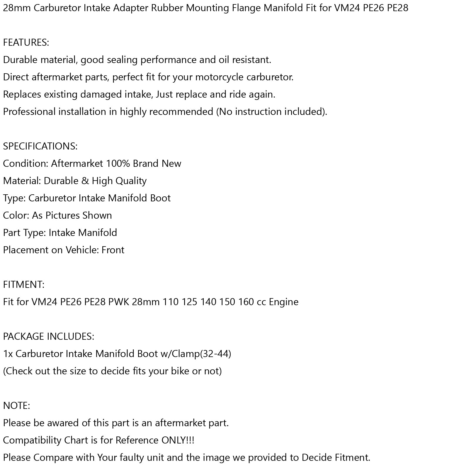 28mm INTAKE CARB BOOT FLANGE MANIFOLD INTAKE For 110 125 140 150 160 cc Engine Generic