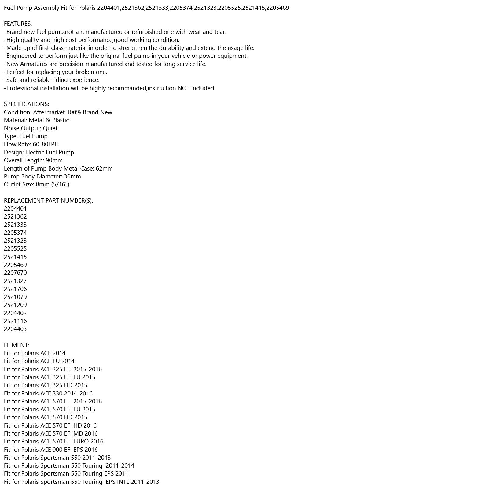 Polaris Scrambler 850 2013-2019용 연료 펌프 + 스트레이너 + 탱크 씰 #2521362 일반