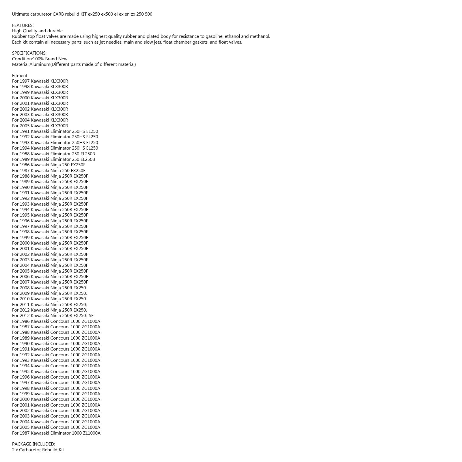 2 Carburador Carb Rebuild Repair Kit For Kawasaki KLX300 R EX Ninja 250R ZG1000A Generic