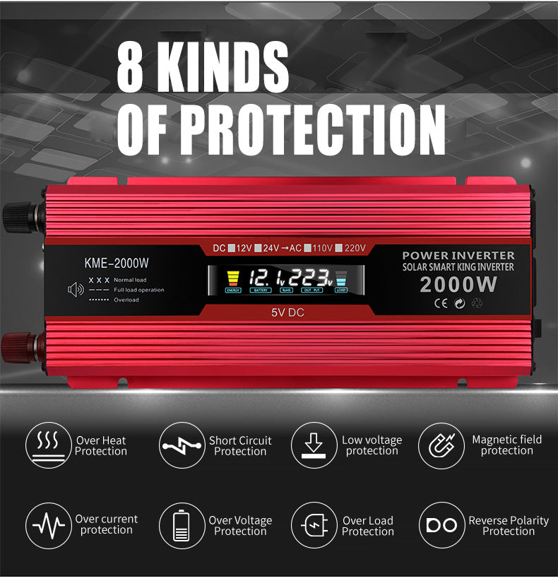 자동차 전원 변환기 인버터 DC 12V ~ AC 220V LCD 2000W 변압기 LED 디스플레이