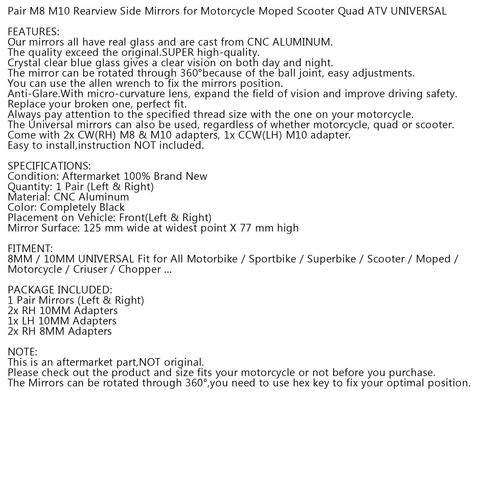 CNC ALU 8mm 10mm UNIVERSAL Motorcycle Rearview Mirror for Chopper Cruiser Custom Generic