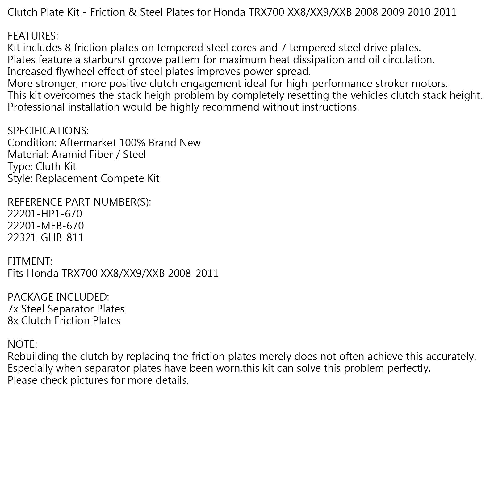혼다 TRX700 XX8/XX9/XXB 2008-2011 제네릭용 클러치 플레이트 키트 마찰 및 강철 플레이트