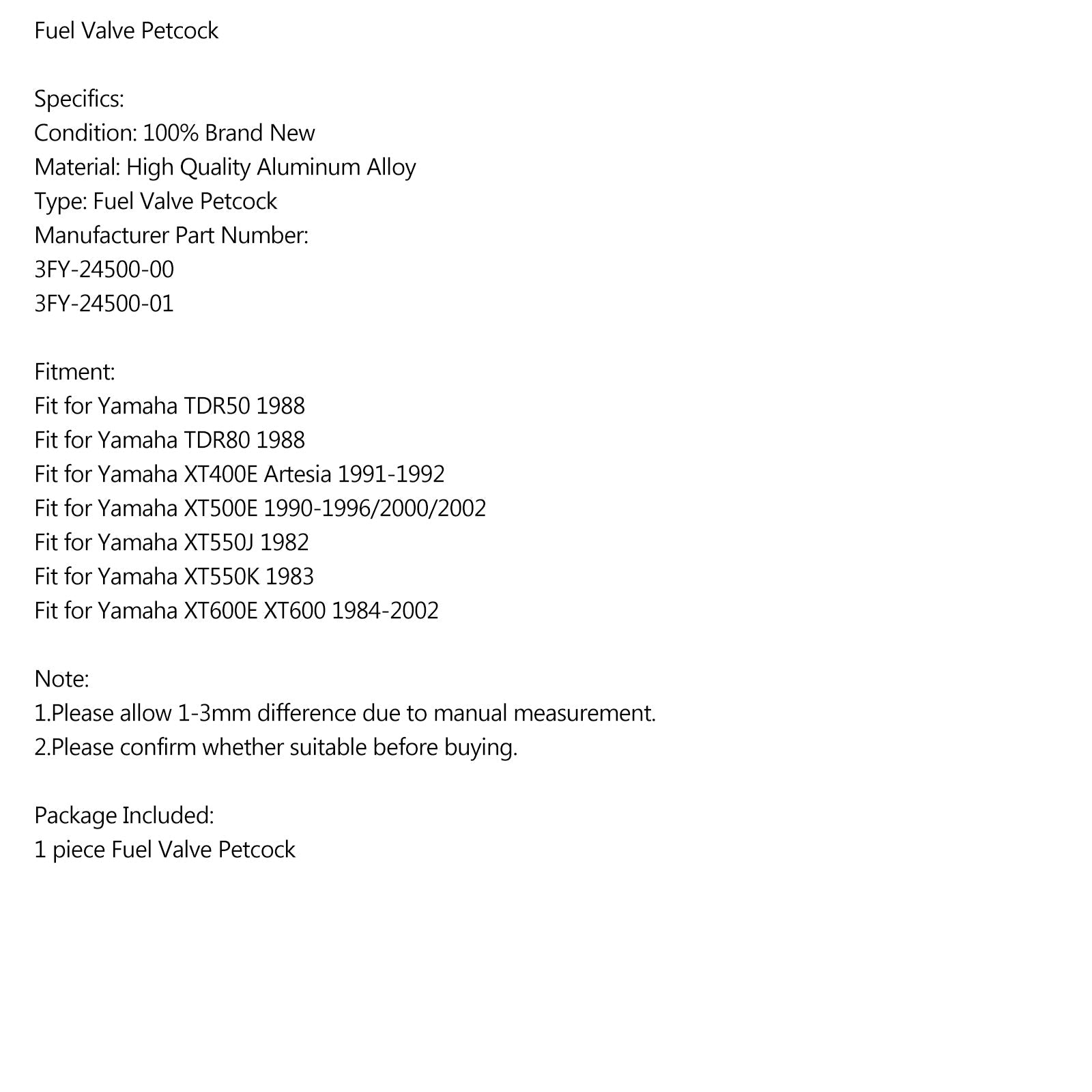 VÁLVULA DE COMBUSTIBLE PETCOCK para Yamaha 3FY-24500-00 TDR50 TDR80 XT600 XT550K/J XT400E Genérico