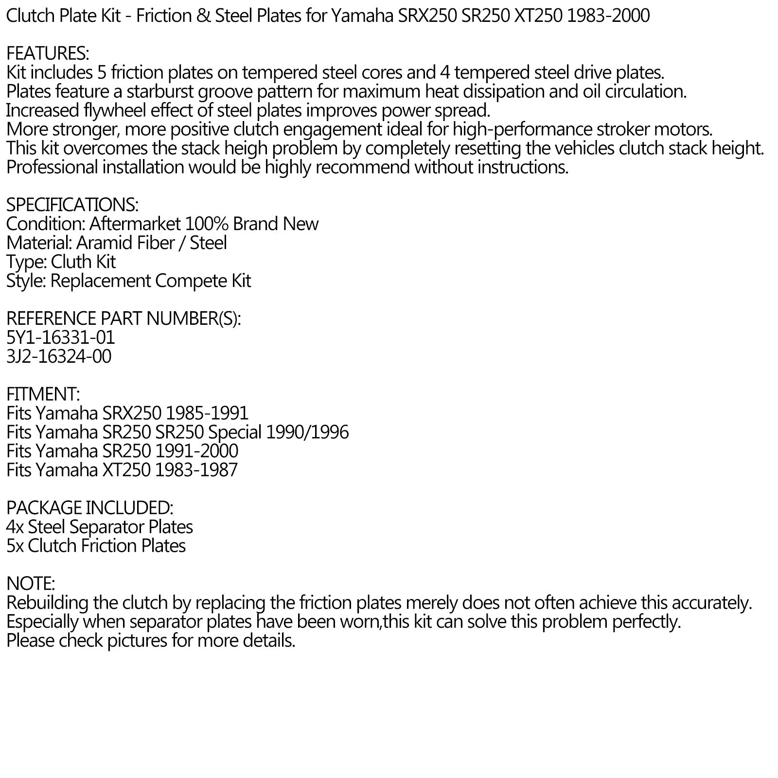 Clutch Kit Steel & Friction Plates for Yamaha SRX250 SR250 XT250 1983-2000 Generic