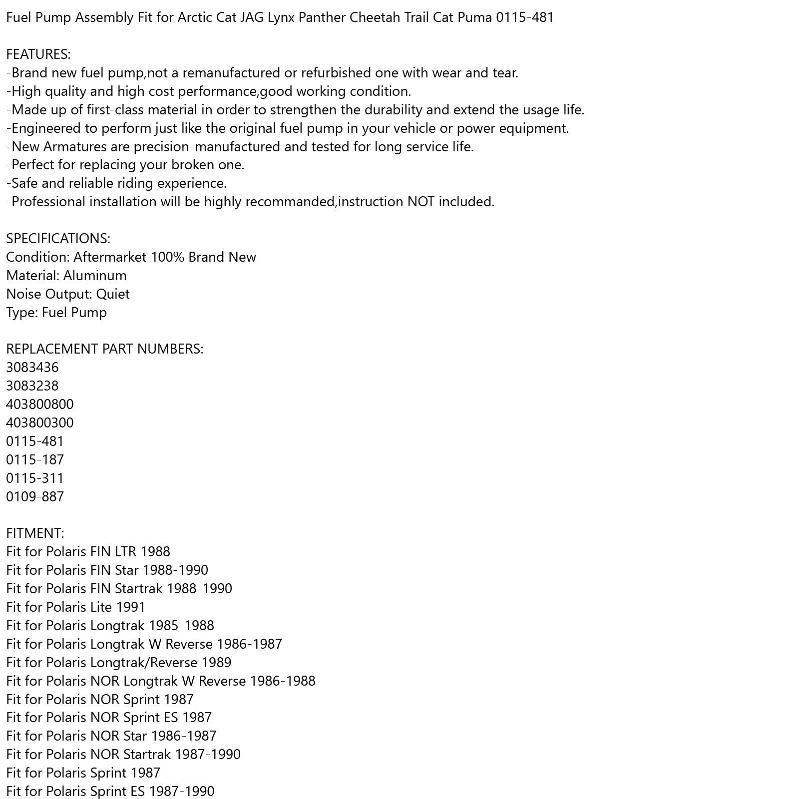 Polaris SWE NOR FIN Startrak Longtrak Sprint 3083436 3083238 일반용 연료 펌프