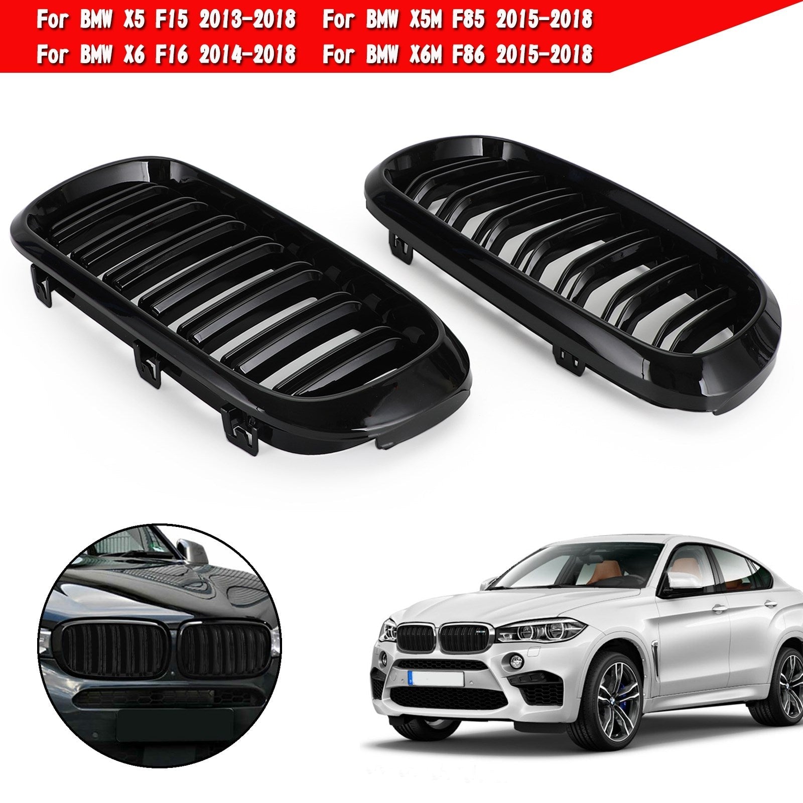 Gloss Black Dual Front Kidney Grille Fit BMW X5M F85 X6M F86 X5 F15 X6 F16 13-18 Generic