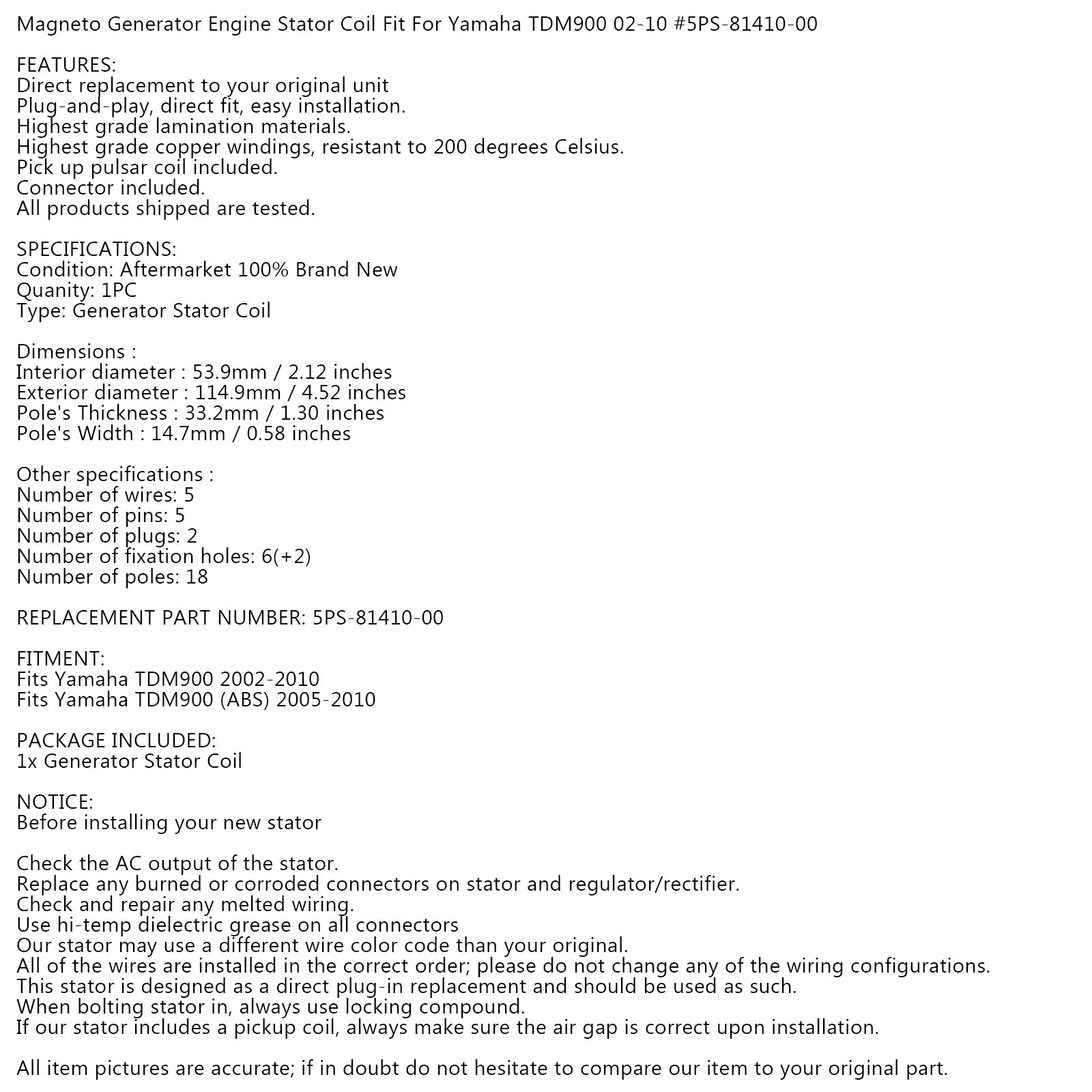 ESTATOR GENERADOR ALTERNADOR para Yamaha TDM900 ABS 2002-2010 09 08 07 06 05 04 03