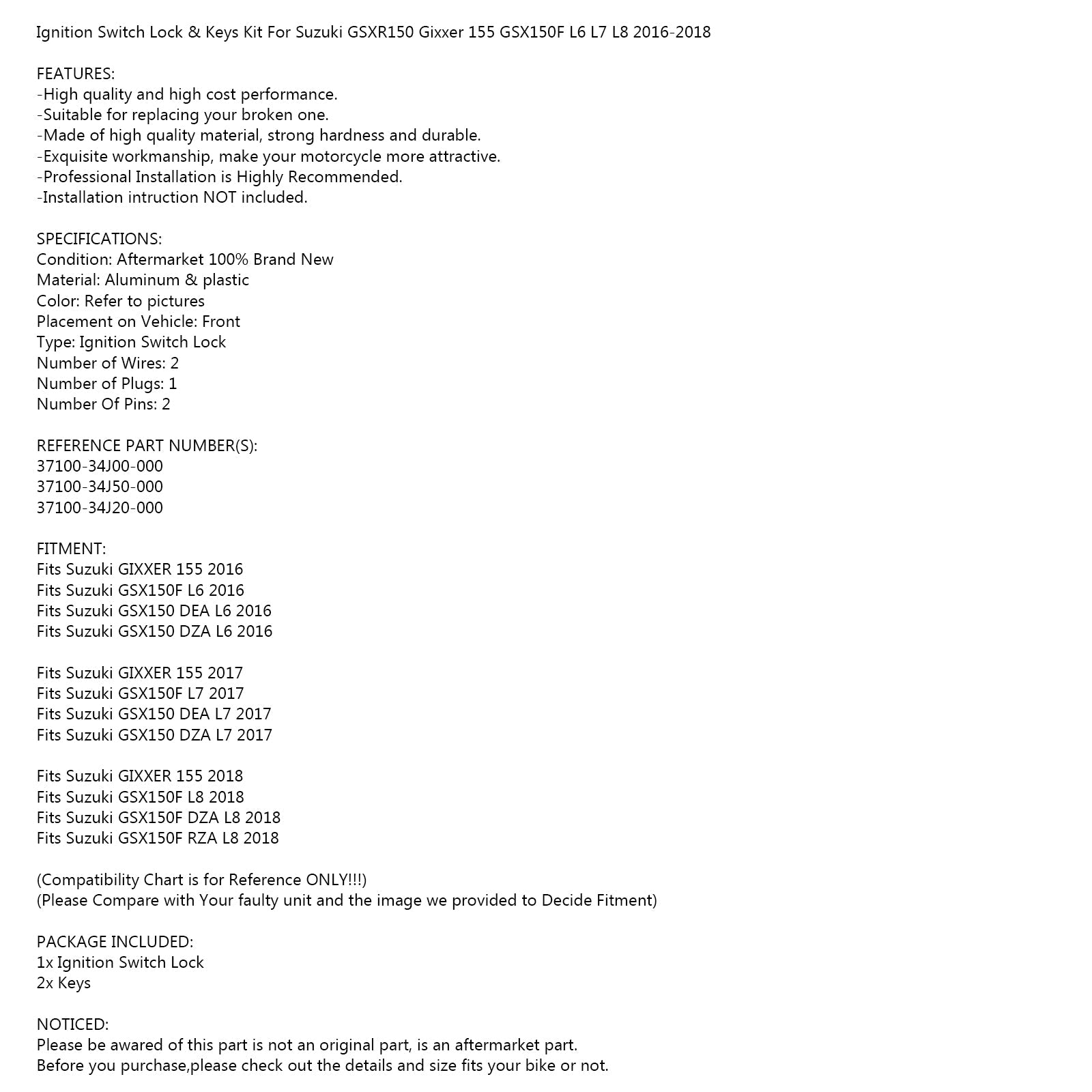 IGNITION KEY SWITCH Fit for Suzuki GSX 150 F GIXXER155 L6 L7 L8 2016-2018 Generic