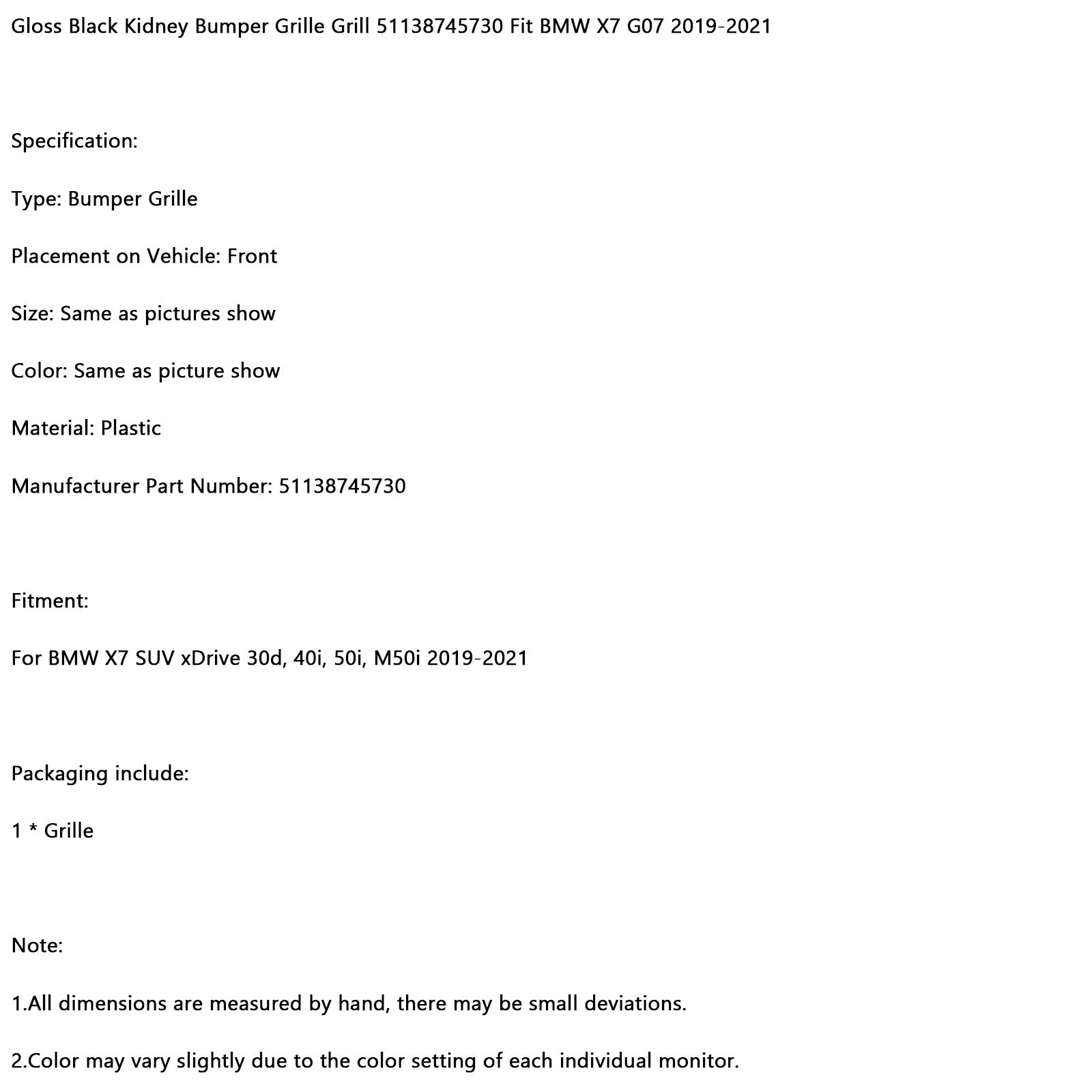 Parrilla de rejilla de riñón negra brillante de doble costilla 51138745730 para BMW X7 G07 2019-2021 genérico