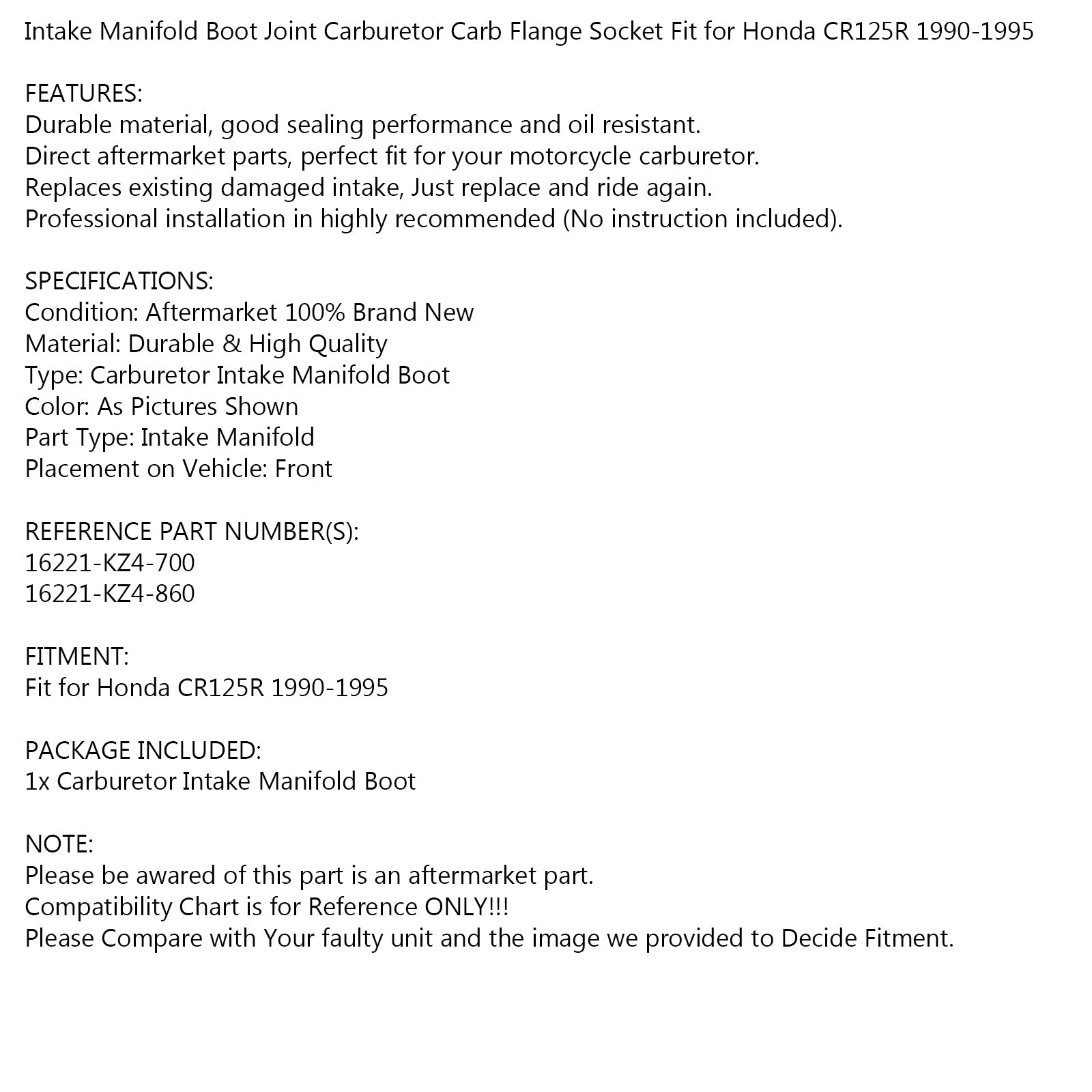 Intake Boot Manifold Insulator Fit for Honda CB125R 1990-1995 16221-KZ4-700 Generic