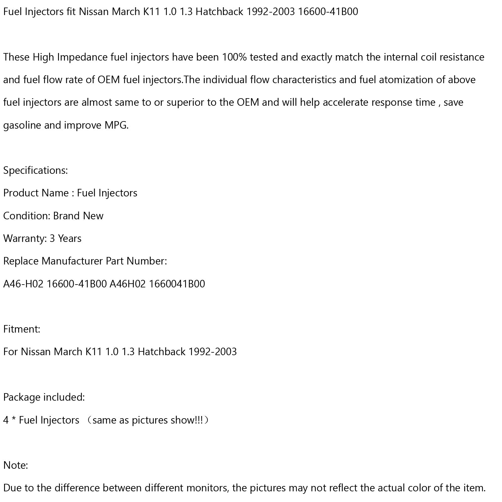 4PCS Fuel Injectors fit Nissan March K11 1.0 1.3 Hatchback 92-03 16600-41B00 Generic