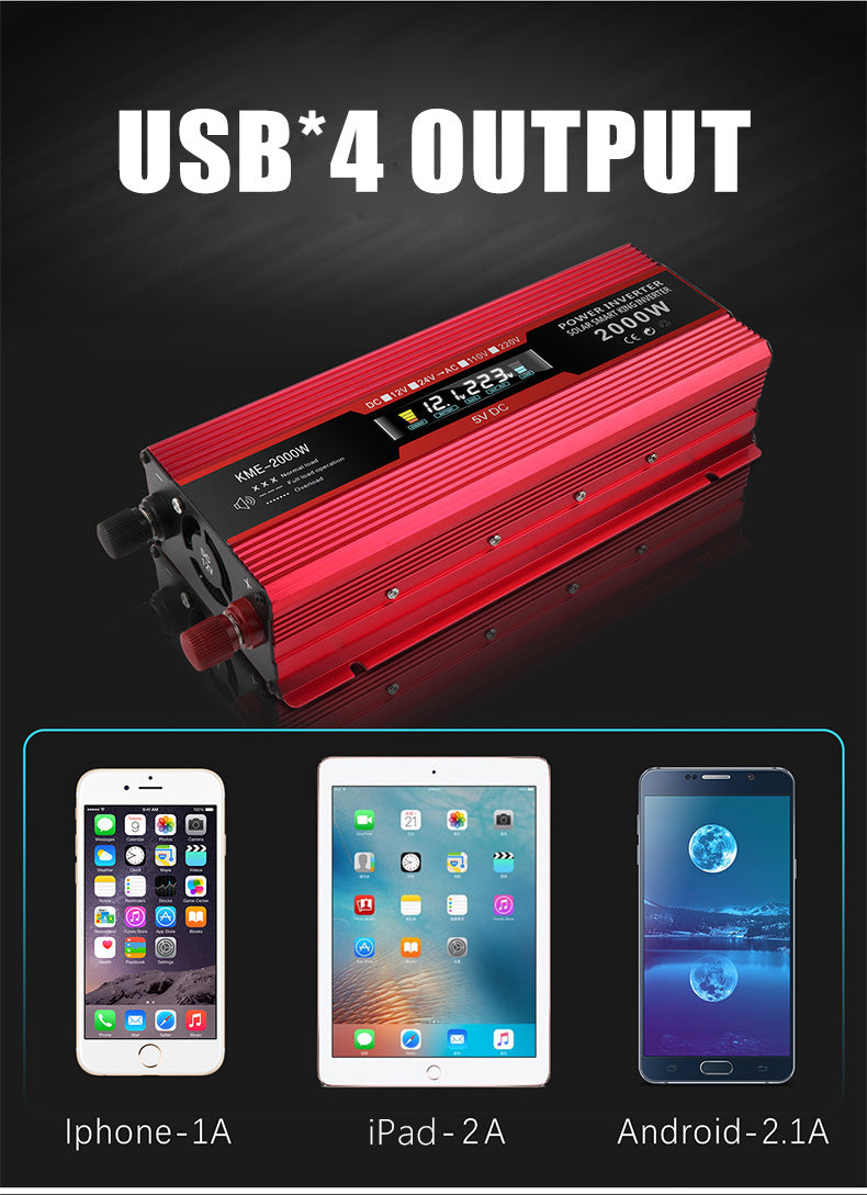 자동차 전원 변환기 인버터 DC 12V ~ AC 220V LCD 2000W 변압기 LED 디스플레이