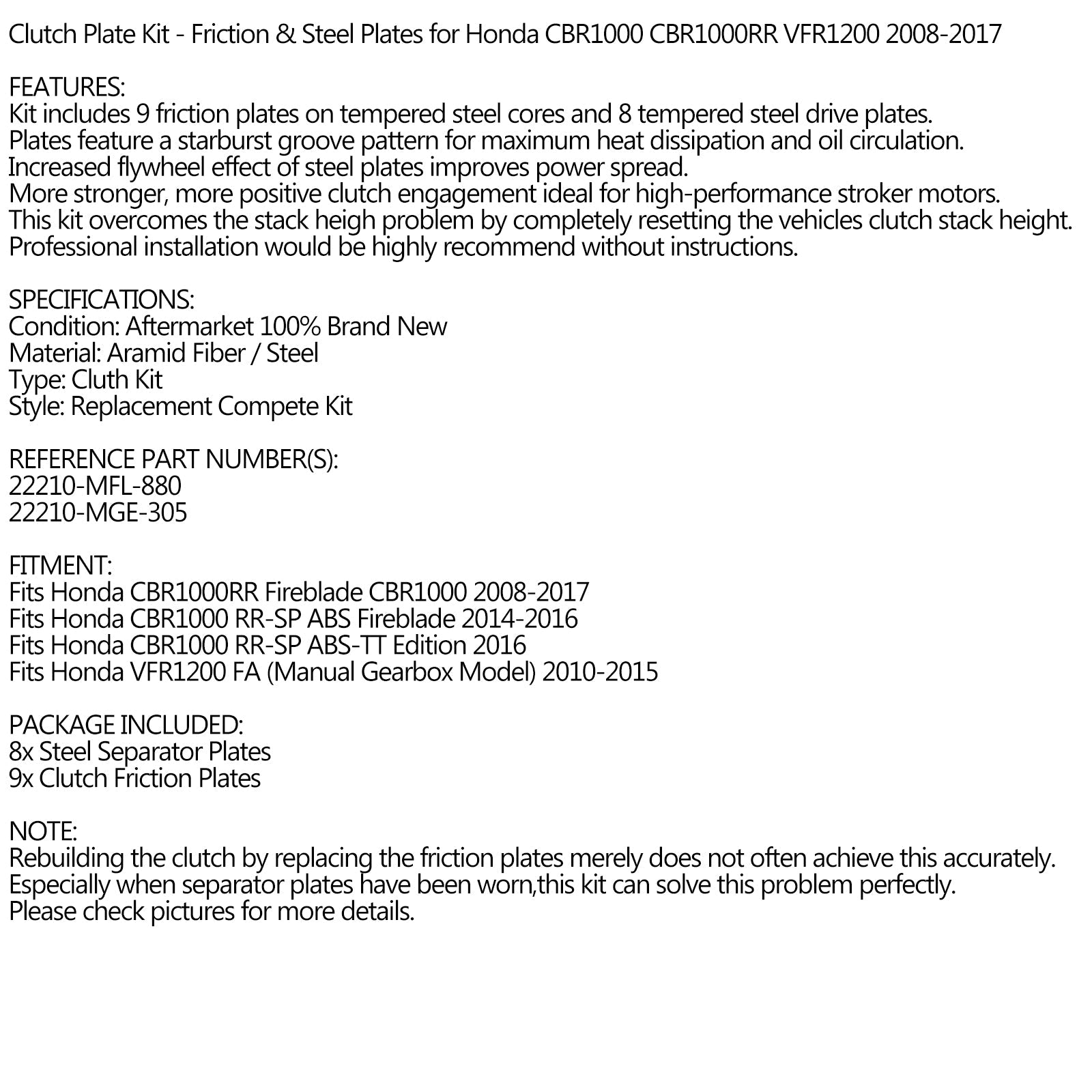 혼다 CBR1000 CBR1000RR VFR1200 2008-2017용 클러치 키트 스틸 및 마찰판 일반