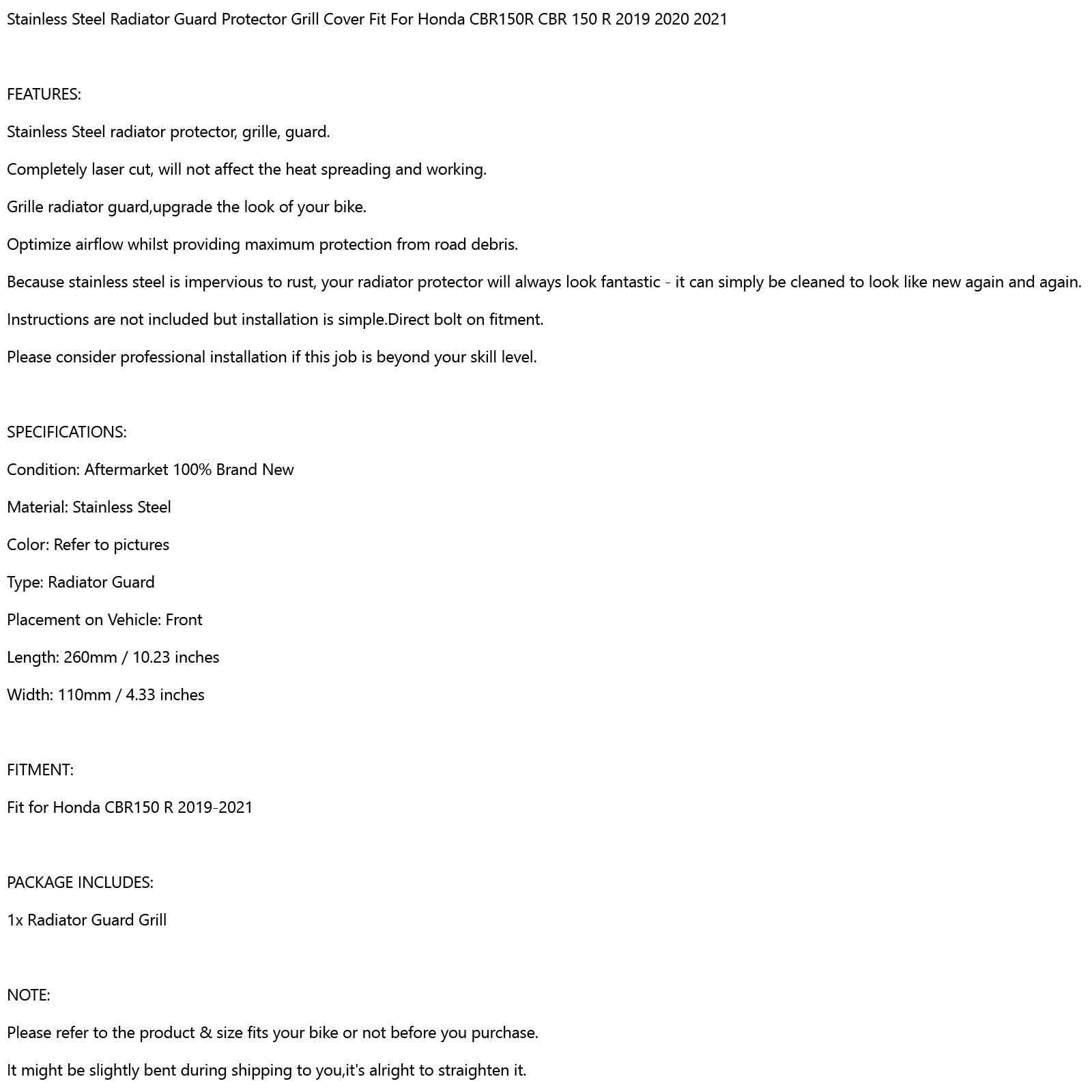 라디에이터 가드 보호 커버 그릴 (혼다 CBR150R 2019-2020, 2021) 일반용