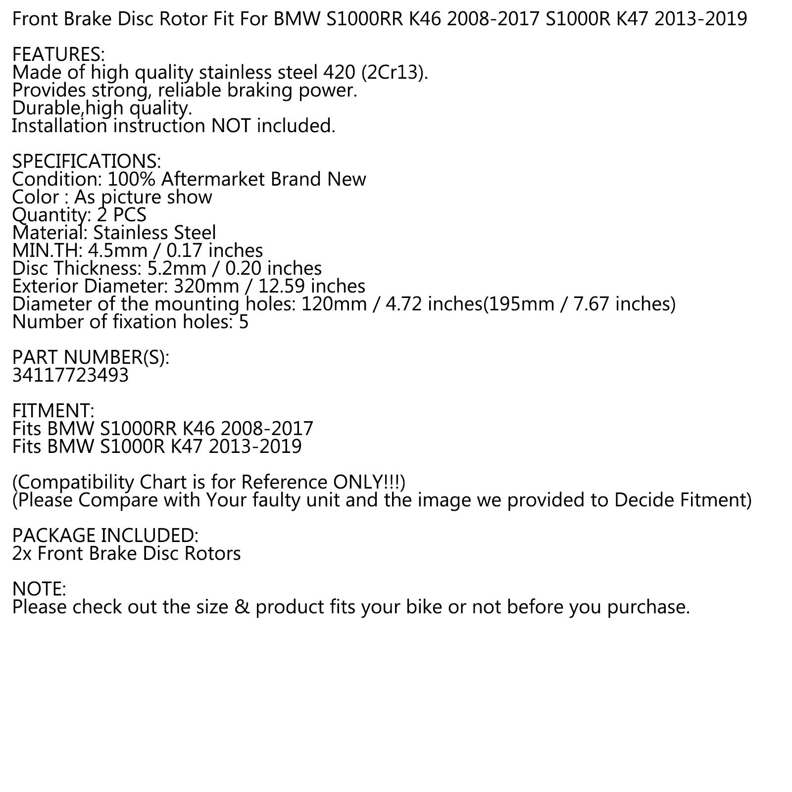 Complete Front Brake Disc Rotor 320mm For BMW S1000R K47 S1000RR K46