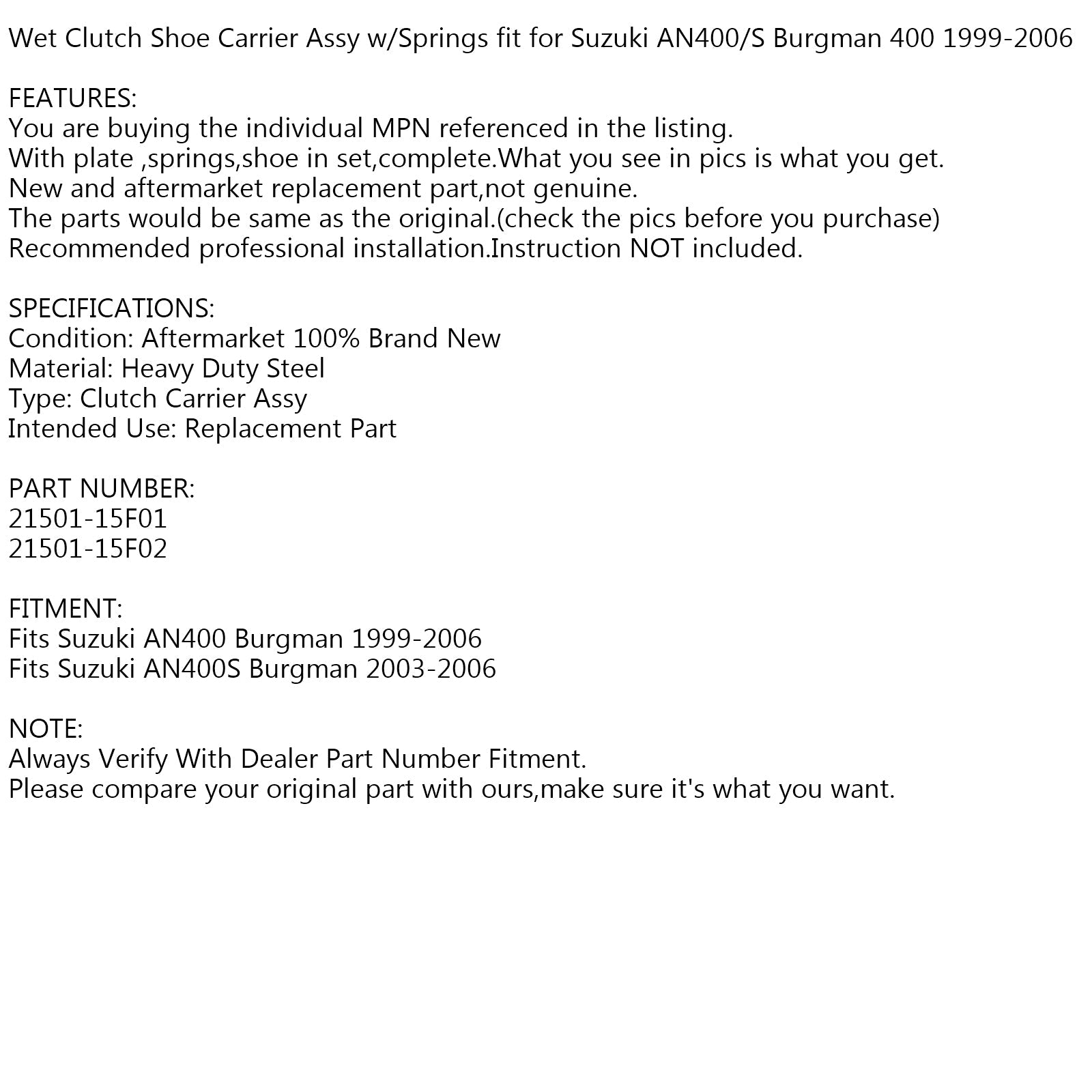 스즈키 버그만 AN400 AN400S 99-06 제네릭용 클러치 슈즈 웨이트 세트 및 스프링 전체