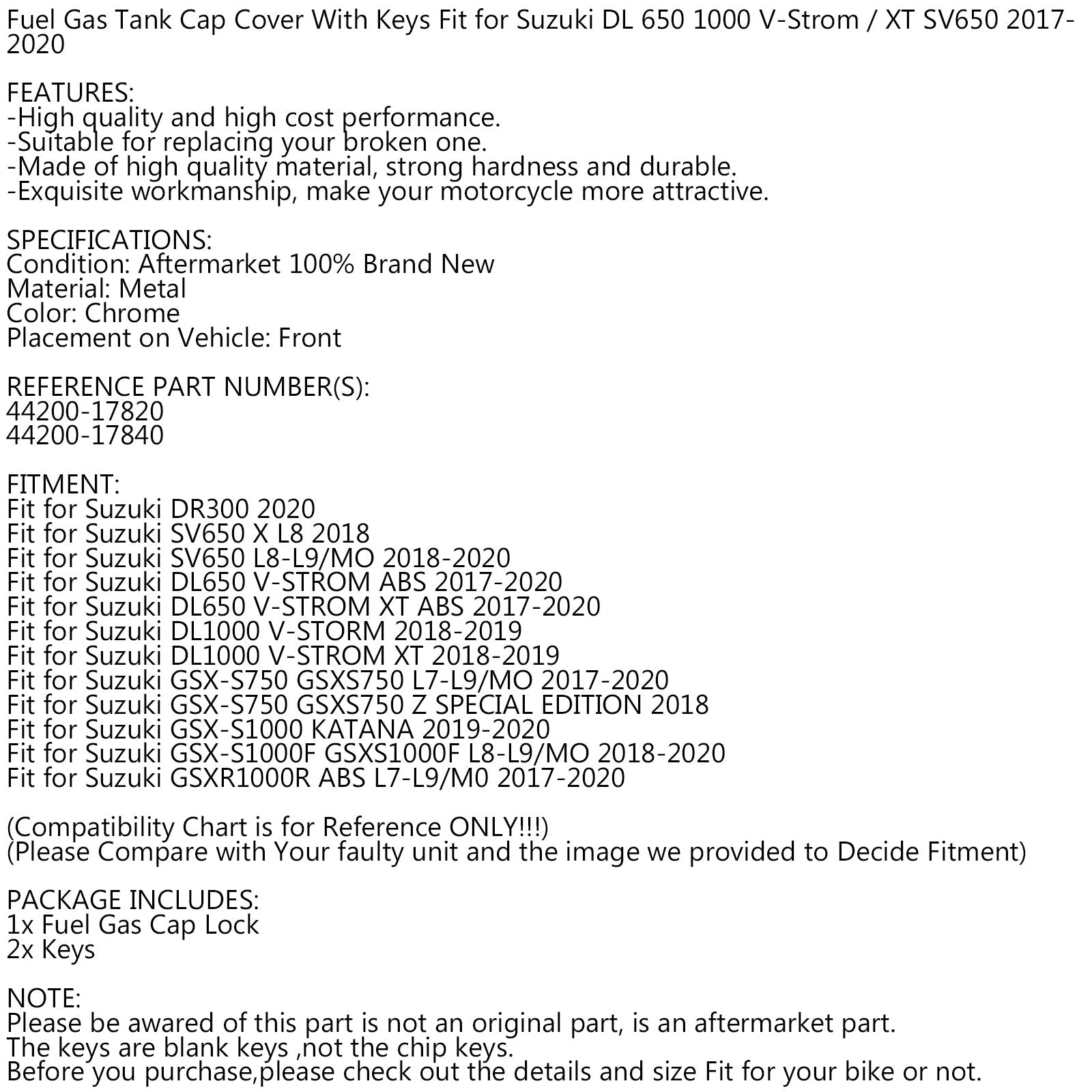 Fuel Gas Tank Cap Keys Fit for Suzuki SV 650 DL 650 1000 V-Strom / XT 2017-2020 Generic