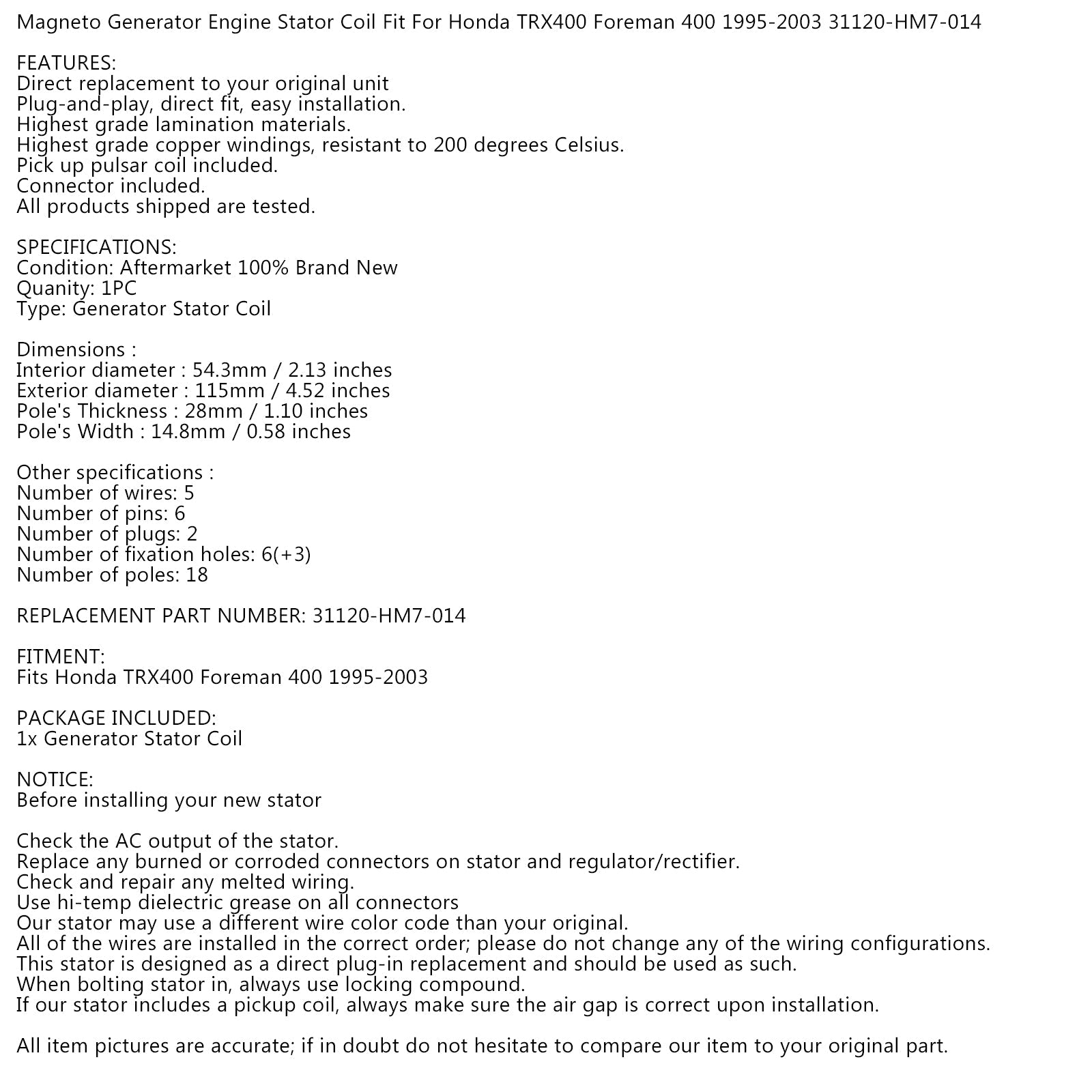 Alternator Magneto Stator for Honda TRX 400 FW 4x4 Foreman 400 ATV 1995-2003 Generic