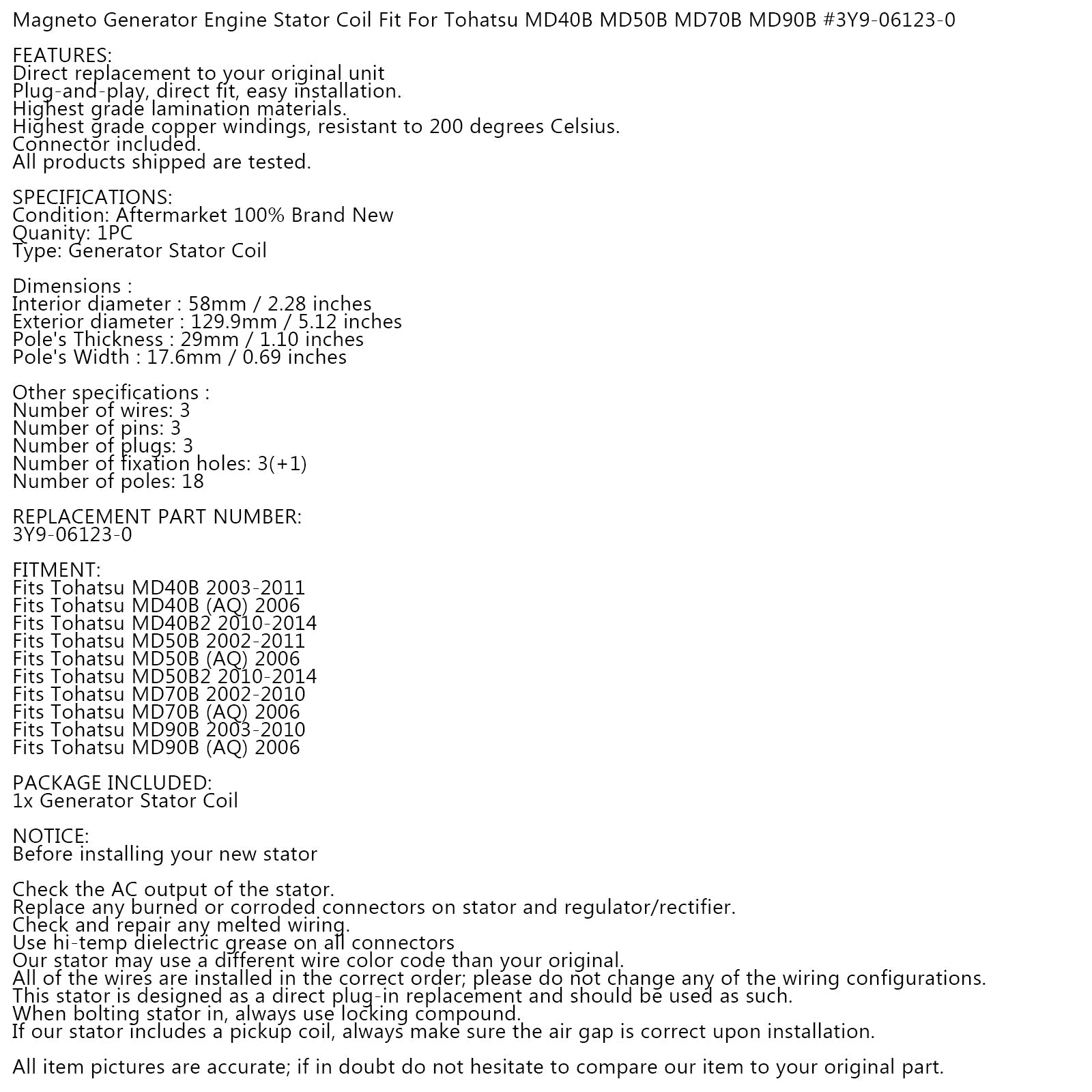 Tohatsu 40 50 70 90 Hp 2002-2011용 발전기 자석 고정자 #.3Y9-06123-0
