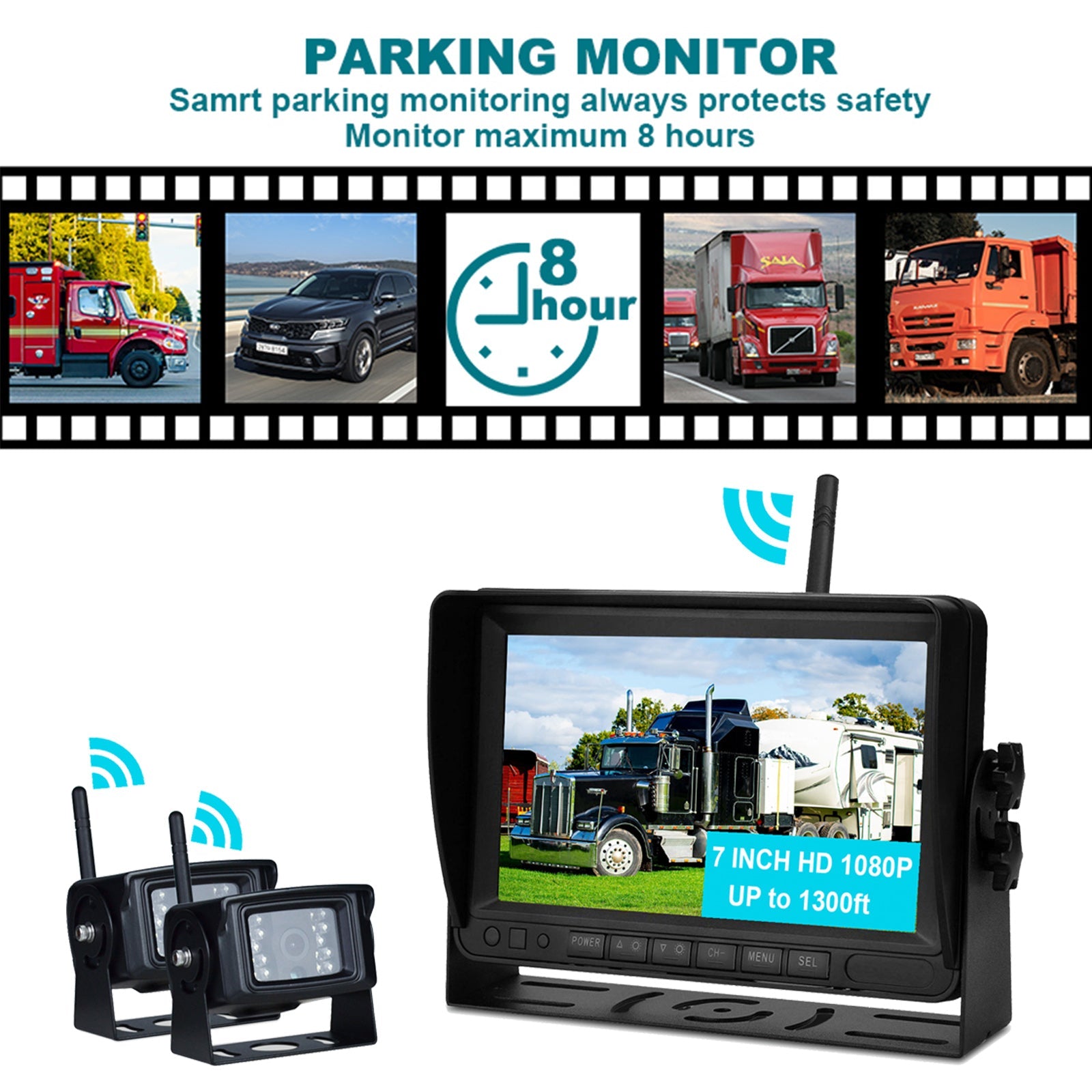트럭 트레일러용 7인치 디스플레이 AHD 1080P 무선 2채널 후방 백업 카메라 키트