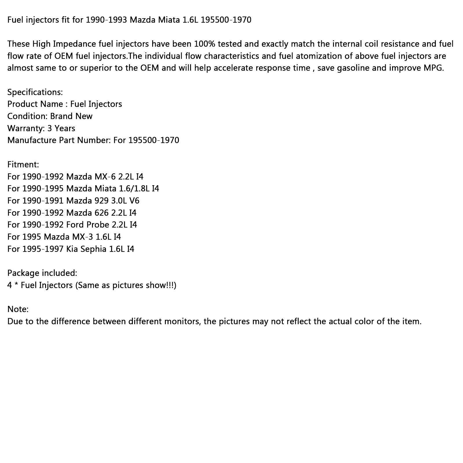 4pcs Fuel injectors fit for 1990-1993 Mazda Miata 1.6L 195500-1970 Generic